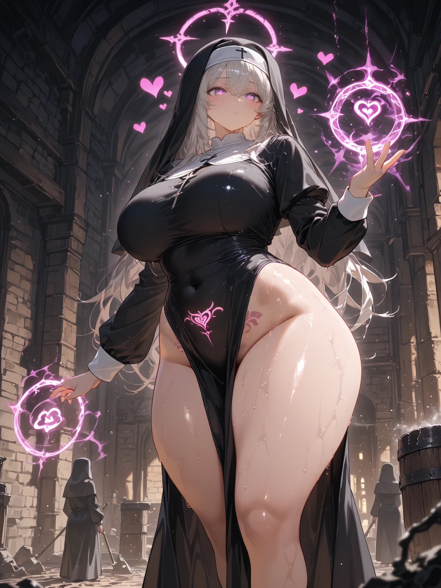 1girl, breast squeeze, squatting, from below, succubus, sheep horn, sexy smile, standing, black womb tattoo, cameltoe, perfect face, fishnet stockings, gorgeous woman, nude, beautiful, perfect eyes, gentle eyes, white hair, long hair, parted bangs, blue eyes, big , very large breasts, black thong, microbikini, evil church, dark church, fire, masterpiece quality, ultra HD, 4K, best quality