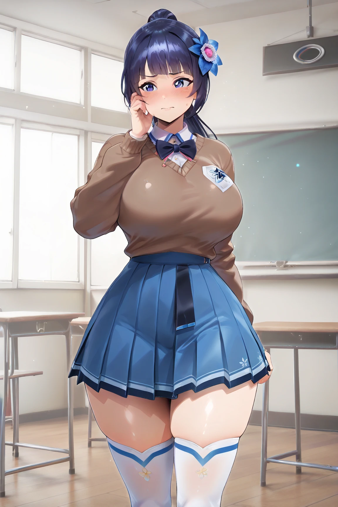 ((highest quality)), ((masterpiece)), (detailed), (Character Focus、breast focus,whole body), Anime 2D Rendering, Realistic young anime woman, Five Fingers, Perfect Face, Beautiful fine details, Beautiful body, Beautiful breasts, Beautiful thighs, ((big breasts))、Beautiful feet, (White beautiful skin), 16-year-old girl、One Girl, Gal、Black Hair、(short hair), (Black Bra、Black Pants)、((Collared short-sleeved shirt, White shirt, Blue plaid pleated skirt, Blue tie))、(Black knee-high stockings、loafers), Wicked Smile、((Grin))、(OK sign)、She turns her face and body towards the viewer，A pretty face and a charming smile，Are standing、