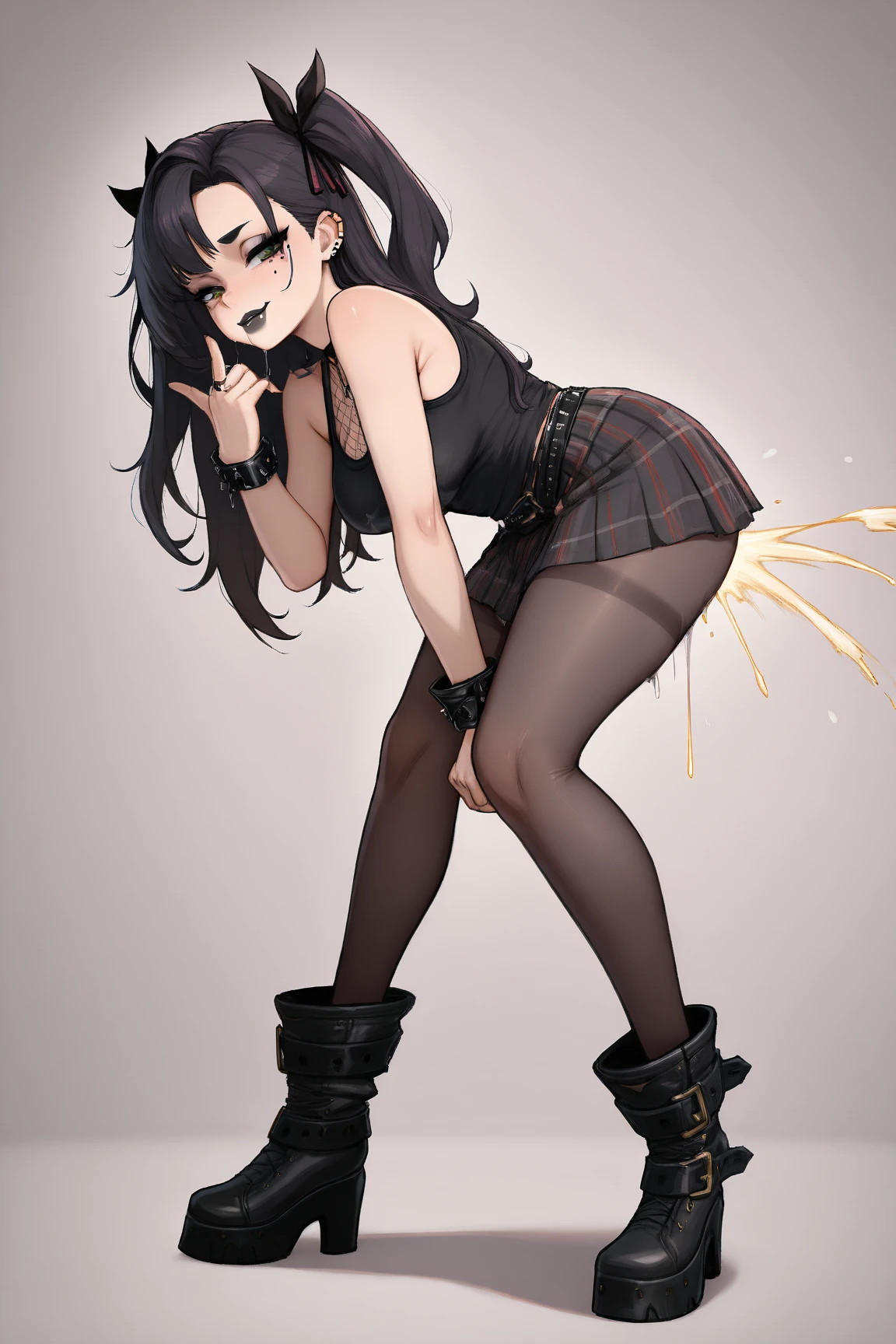 Filia, long hair, large and expressive eyes, feminine lips, smiling, big breasts, wide hips, small waist, big ass, sensual body, beautiful body, anatomically correct body, long legs, big thighs, feminine and beautiful hands, anatomically correct feet, beautiful feet, very detailed feet, very detailed image, very detailed body, very detailed eyes, very detailed hands, anatomically correct hands, white shirt, white shirt pockets on her breasts, black buttons on the shirt pockets, tiny black tie, black short skirt, black socks, black shoes, very detailed background, masterpiece, artwork, hiper detailed, sensual