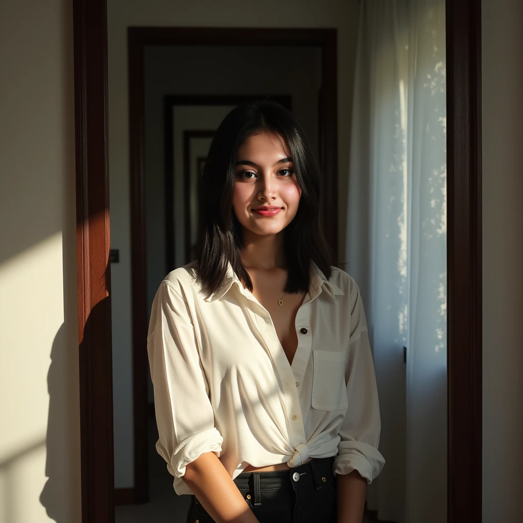 raia, (1girl:1.9), an (18-year-old:1.9) beautiful girl in a professional office setting, black hair, (slim tall slender fit-muscled body:1.4), (looking at viewer:1.1), (elegant (red:1.9) business attire:1.1), gentle expression, full smile, professional and efficient, office supplies, warm lighting, photorealistic, highly detailed, cinematic composition, dramatic lighting, color grading, Rembrandt lighting