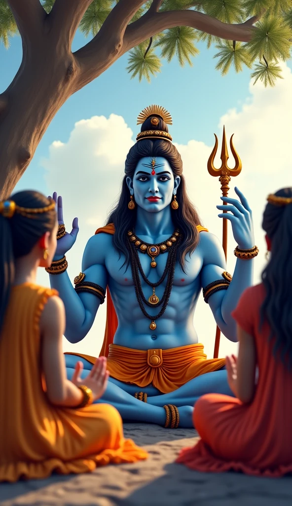 "Inside a dimly lit prison cell, a miraculous light fills the room as Lord Krishna appears in his divine form with four arms, holding a conch, discus, mace, and lotus. Devaki and Vasudeva are kneeling in awe before Krishna, overwhelmed by his divine presence."