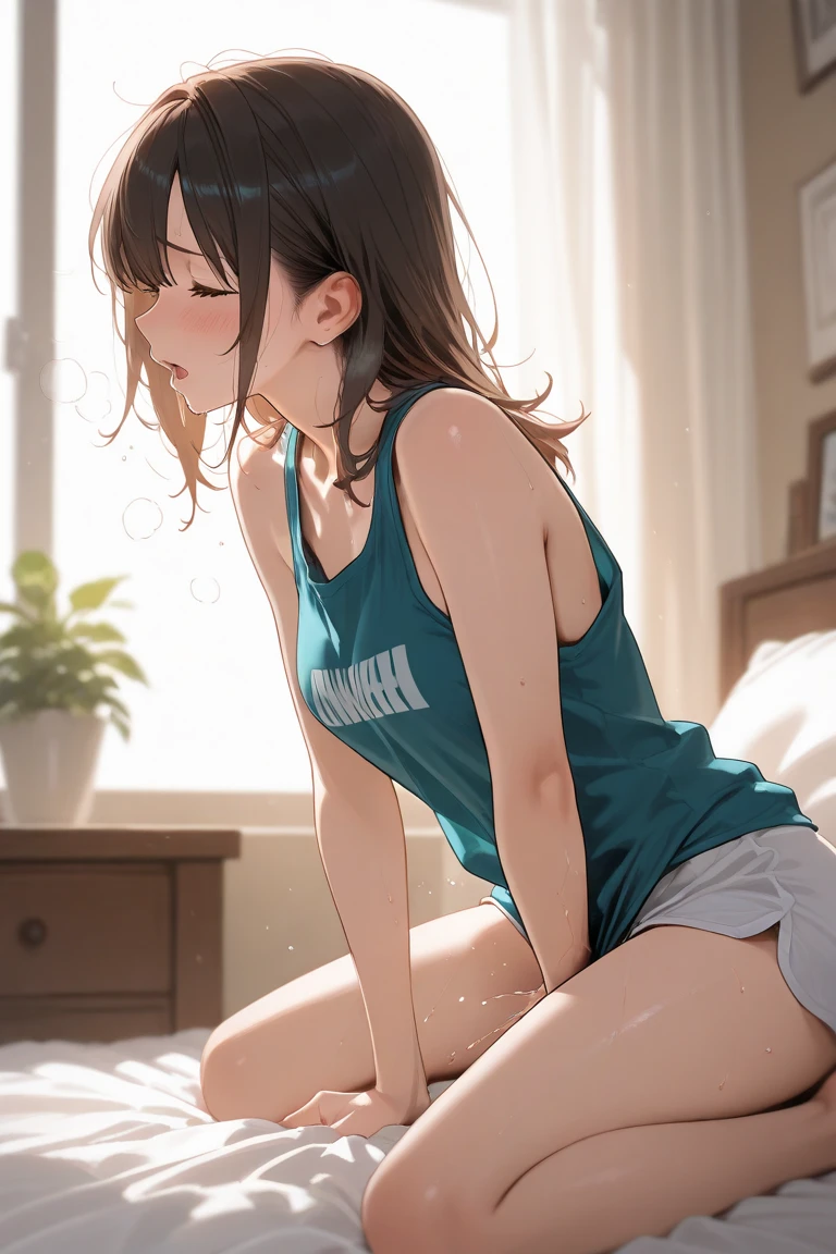 (masterpiece, Highest quality:1.2), {best quality}, {very aesthetic}, {ultra-detailed}, {best illustration}, nsfw,training wear, yoga, yoga pose, sit, open legs, indoor, on bed,Bobcut, Bluish black hair、White sleeveless tank top,Pink Thong,