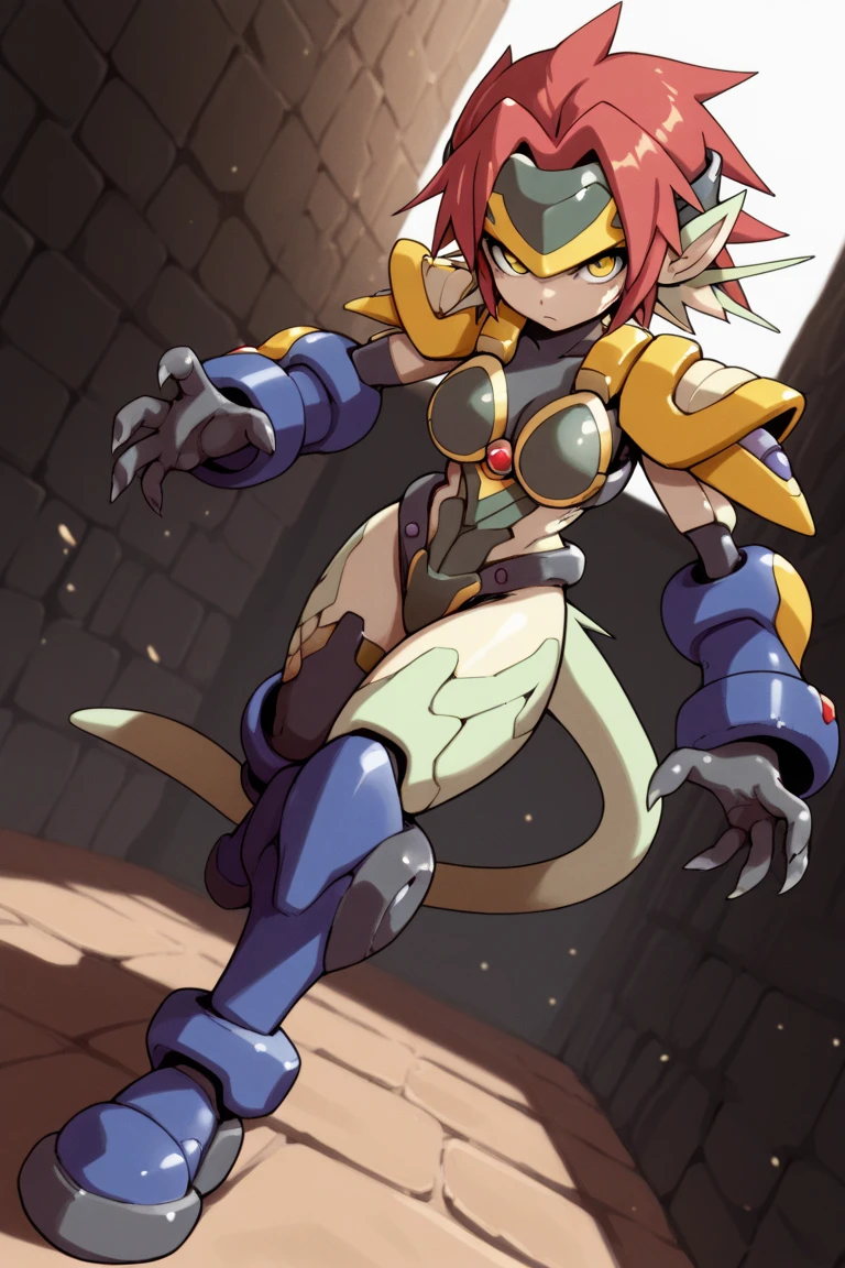 Masterpiece, best quality, flamedramon, red eyes, solo, multicolored body, white body, blue body,, red mask, red shirt horns, cave, leg strap, arm strap, claws, red leg armor, standing, large gauntlets,