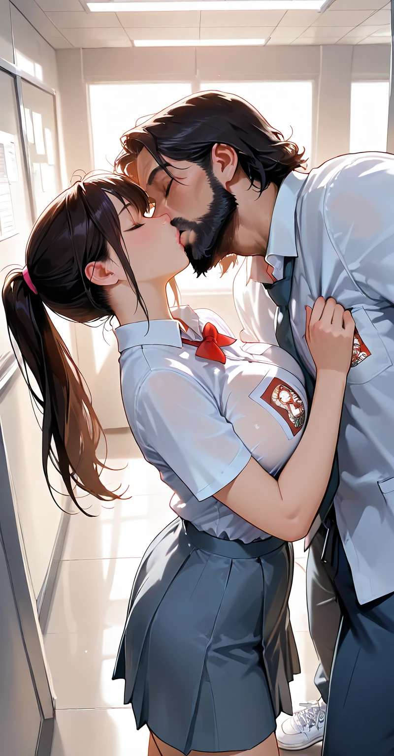 NSFW, a girl kneeling in front of a mans big , (masterpiece, highest quality, photo-realistic:1.4), (shiny skin), (UHD, 8k wallpaper, High resolution), perfect anatomy, cinematic lighting, Physically based rendering, award-winning, highly detailed skin, highly detailed face, eye with beautiful details, Carl Zeiss 85mmF/1.4, (((1 girl and 1 man, couple, have sex))), (Man standing in front of kneeling woman, grab her head), big , girl excited to see , (girl kneeling in front of a man:1.3), (woman tilting her head), girl staring , (1 girl: Very cute 28 year old asian girl, (brown wavy semi-long hair, bangs), mid-chest with cleavage, (see through thigh height), (stockings), (obedient linguine), (1 girl: 鼻blushといたずら, eye), blush, in the classroom at midnight, (1 man: Handsome and in a recruit suit, hug her head, stand in front of her, Hold her neck), Photographed diagonally from the front,