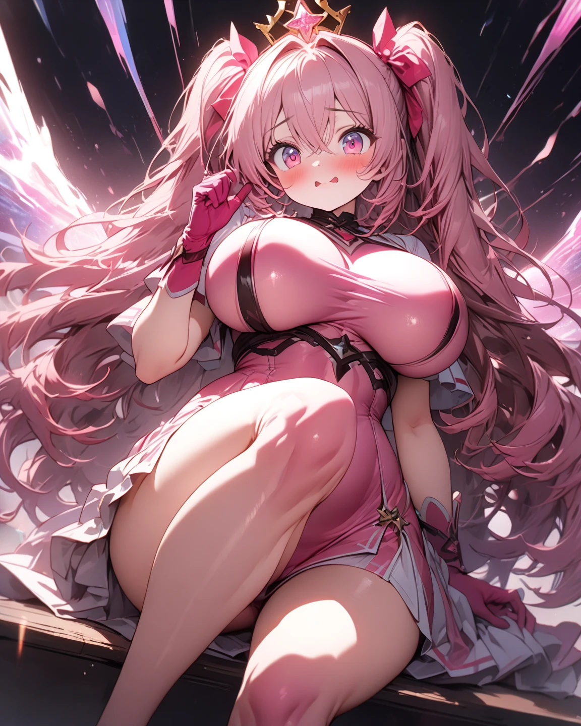 (two adult women:1.3)、exact number of fingers、Exact number of legs、Exact number of arms、bangs, ribbon ponytail, brown hair, (blush:1), (Two women put one hand in their panties:1.8), fingering, (pussy juice:1.2), cum in mouth, (two women are singing with microphones:1.5)、white and navy idol costume、That costume includes a navy blue idol-style corset., That costume has a ribbon on the collar.、The costume covers the shoulders, sides, upper arms, and arms., That costume only opens wide at the chest.、high socks、white idol style skirt, (Detailed and luxuriously decorated underwear:1.3), Ribbon at collar, (Light blue horizontal string lace panties with a lot of lace:1.3), Light blue lace bra:1.2), sexy underwear, Thighhighs、 beautiful big breasts, (erect nipples:1.2), the skirt is turned up、highest quality, High resolution, (detailed and beautiful eyes:1.6), highly detailed face, perfect lighting, Very detailed CG, (perfect hands, perfect anatomy),embarrassed expression、The expression that you are holding back from going to the toilet, (sexual pleasure expression:1.4), (expression of agony:1.2)、close your eyes、sexy look、look upward、mouth half open、Climax、(live stage、a lot of spectators:1.5)、Mike stand、whole body
