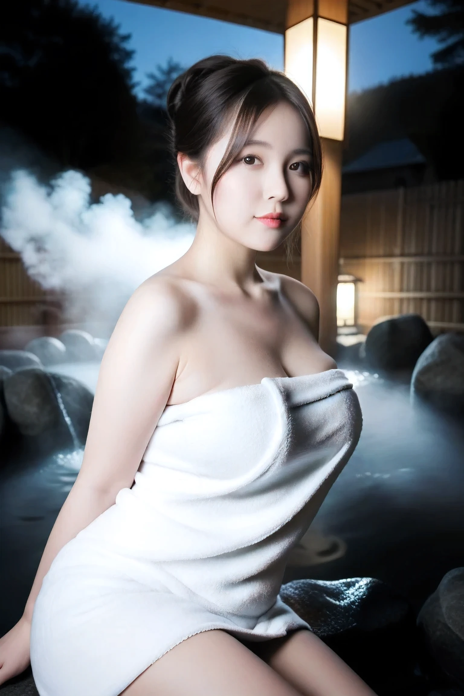 1girl, nude, upper body, japanese woman, photorealistic, east asian face, soft facial features, almond-shaped eyes, candid moment, masterpiece, best quality, ultra realistic, high detail face, DSLR photo, ((no makeup, natural skin texture, visible pores, subtle lighting, fresh expression, detailed facial features, parted bangs, see-through bangs, updo, short hair, brunette hair, beautiful hair, natural hair, smooth hair, realistic hair texture, gravity)), neat hairstyle, worried expression, narrow eyes, small eyes, double eyelids, long eyelashes, voluptuous, (loose breasts:1.3, natural huge breasts:0.7), round face, chubby cheeks, soft facial features, youthful face, plump face, gentle expression, pink rip, realistic mouth, ((onsen, fog, soft steam rising, upward gaze, naked towel, sitting in hot spring at night, water up to head, visible collarbone, wet skin, 2 warm lantern light, natural light, soft lighting, side view, looking at viewer, shot 24mm LENS f/2.8))
