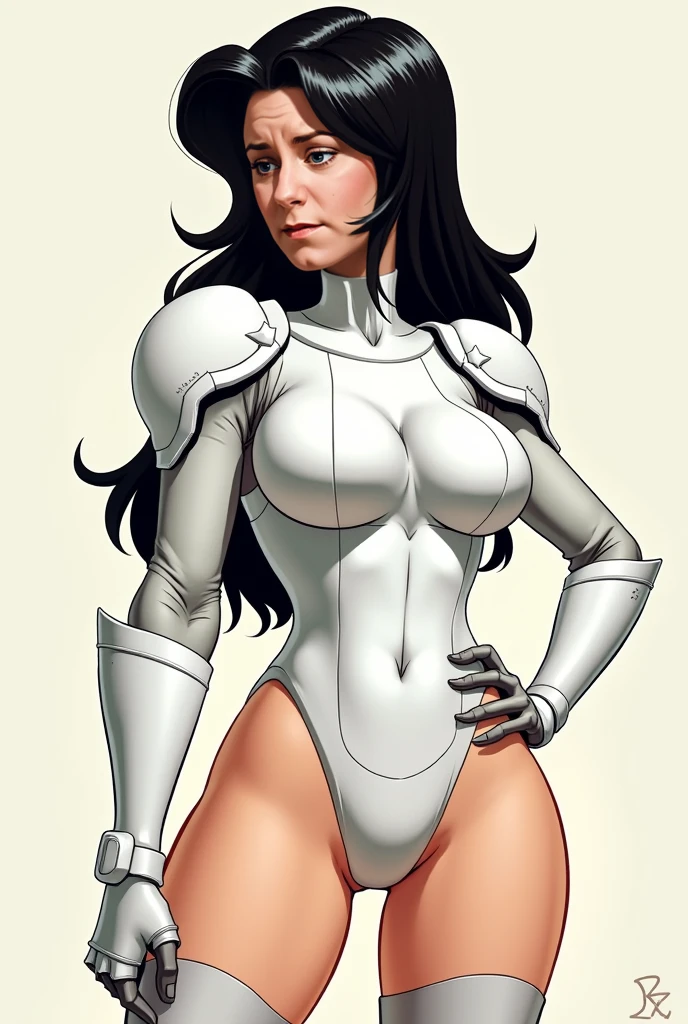 trans Male to female, plump pursed lips, freckles, long curly blue hair with bangs, crystal blue eyes with smoky eye shadow and black eyeliner, black semi-matte lipstick, pale to sun-kissed skin, flirty smug smile,white leather suit, large futanari genital bulge