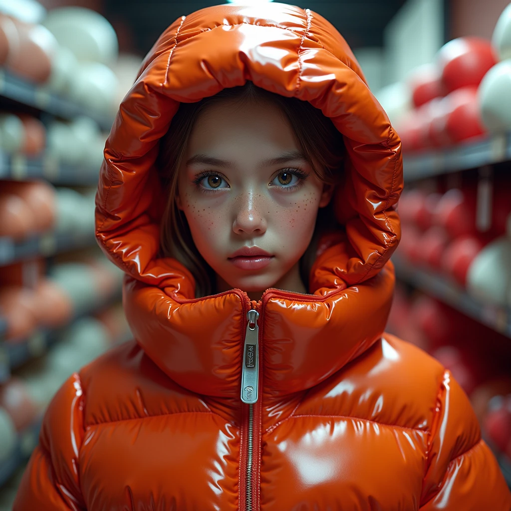 a slim ponytail 16 year old girl,beautiful detailed eyes,beautiful freckles,beautiful detailed lips,extremely detailed eyes and face,longeyelashes,in beautiful detailed hooded  formfitting duvetica overfilled super gleamy super thick glossy opened puffer jacket covering zipped puffervest,latex leggings,symmetrical,standing in a pufferstore,masterpiece,cinematic,lifelike,hyperrealistic,8k,photorealistic,highly detailed,intricate,exquisite,elegant,beautiful,stunning, full size photo