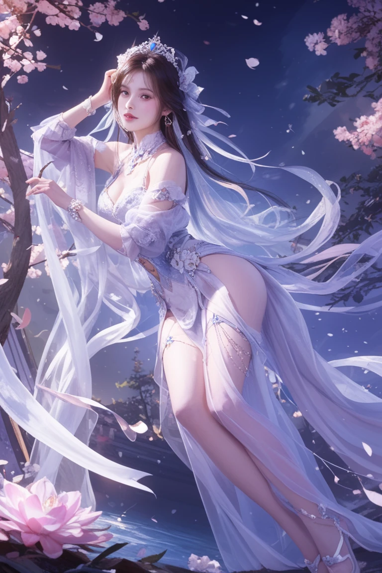 loose outfit、Show shoulders、Navel Ejection、How to wear a gown with a dark see-through halter neck broken、Decorated with intricate patterns and pastel colors、Transparent material that makes the skin shine、Artistic depiction of seductive woman in gown with wet thin cloth and transparent skin, Floral and fantastic pattern with flowing silky traditional see-through skin。Her dress draped elegantly around her curvaceous figure、Emphasizes her charming silhouette。She's a gentle fireworks night、Dynamic Posing、 Posing、bathed in the soft glow of moonlight。The scene is、With a hint of mystery and sensuality、It exudes an ethereal dreamy atmosphere。The image style is、Incorporates a blend of watercolor and digital illustration techniques.、It makes you feel delicate beauty and charm。Soft moonlit lighting、Cast gentle highlights and shadows on her mesmerizing features。Dynamic Posing、Bold poses、The hand is somewhere、see -through、show through、A sexy hair、Wet、cherry trees、flower petals、cherryblossom、The cherry tree、Sakura blizzard、buried、Transparent skin、Wet clothes、Chest Pulling、Translucent clothes、Eau、nudde、garterbelts、fishnet tights、huge moon、Blue hair、Blue eyes、