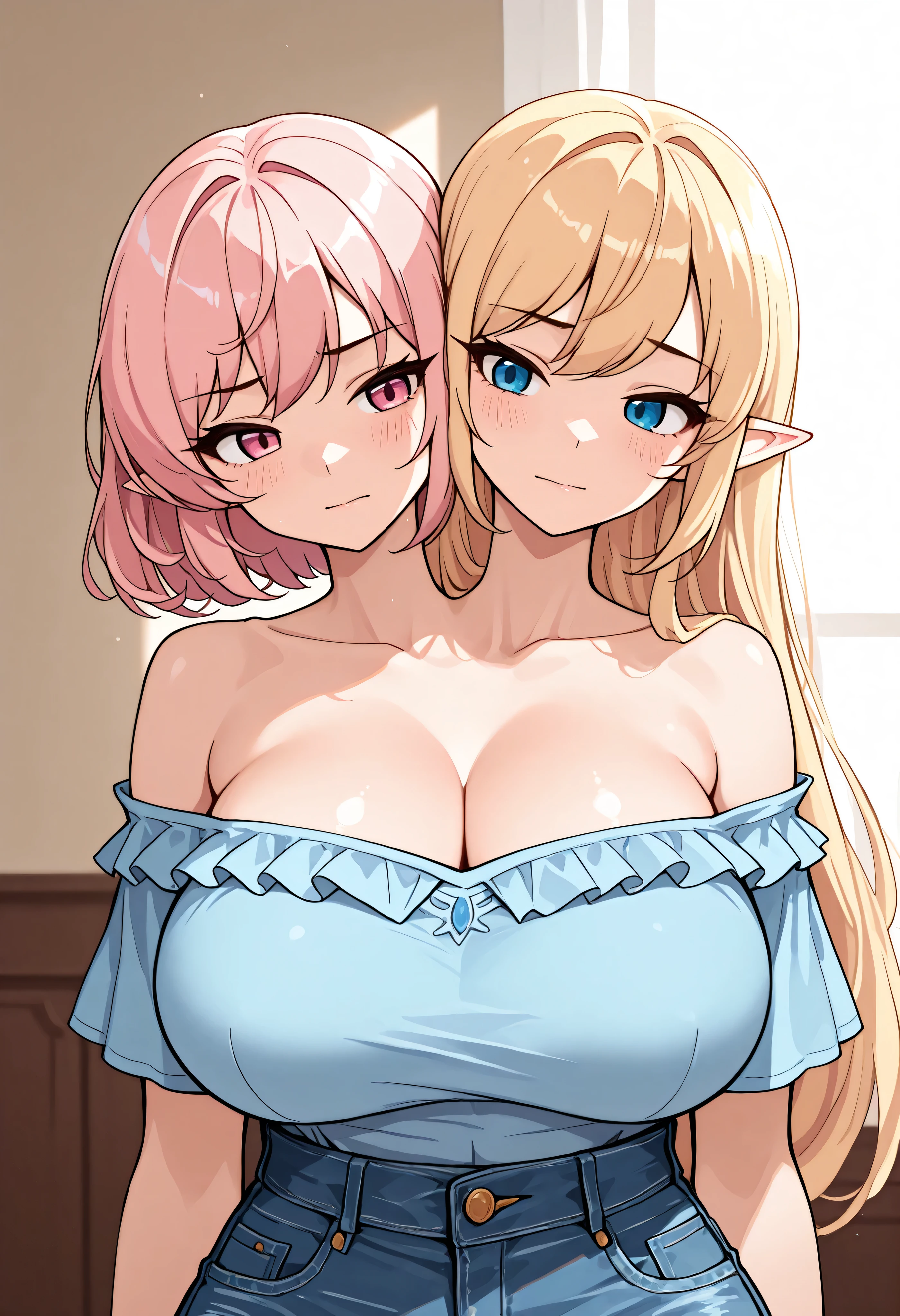 conjoined, 2girls, 2heads, two heads, a tall thin girls with 2 heads, pink hair, pointy ears, short hair, pink eyes, mercedes_elf, elf, pointy ears, blonde hair, long hair, blue eyes, large breasts, frilled off shoulder Beige shirt, denim skirt, upper body, front shots, upper body, lifting shirt,