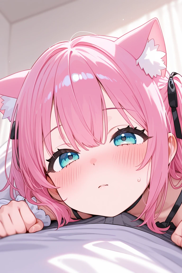 ((masterpiece, best quality)), high resolution,ultra detailed,8k,16k,detailed background, perfect lighting,detailed beautiful eyes,1girl,nsfw,embarrassed,blush,look at viewer,steam,sweat,aroused,seductive eye,(from above:1.2),(from front:1), (pov:1.3),(close up face),fisheye lens,y,1penis,oralsex,(deep fellatio:1.4),(deepthroat:1.3),:>=,(penis in mouth:1.2),hetero,cum in mouth,fair skin,small breast,pink long hair,ponytail,(almond eyes,tiny,slender,short body,9years old,narrow sholders,short stature:1.3),haruurara,pale color,cherryflower-shaped pupils,classroom,red hoseear,nude