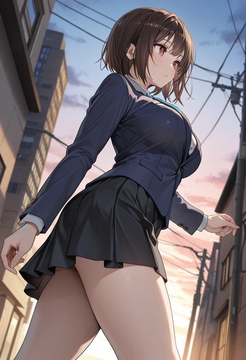 (((masterpiece, Highest quality, High resolution, 超High resolution, Perfect Pixel, Depth of written boundary, 4K, RTTX 10.0))), Beautiful Anime Woman, Beautiful art style, Anime characters, ((Smooth texture, Realistic texture, Anime CG Style)), Exact finger count、Exact number of legs、(Exact number of arms:1.0, Exact number of hands:1.0), (Perfect hands, Perfect Anatomy), Cinematic, Realistic, Extremely detailed CG, Daytime lighting, Perfect lighting, Best Shadow, The best natural light, whole body, Perfectly balanced style, A perfectly balanced body, (Slender body:1.2), whole body, ((bangs, Dark brown hair, Stylish and cute bob cut)), ((A cute woman is standing with her skirt lifted to show her panties:1.3)), (((Female police officer:1.3), uniform, limited cap, uniformのボタン, tie, uniformのジャケット), Leather shoes, Name tag, uniformのパッチ, Police Badge, boots, Epaulettes, uniformのスカート:1.3), (Sexy and cute panties, Shiny satin white panties, Side-tie panties, Panties with plain white center and lace decoration on the sides, Thin panties with red ribbon:1.3), (beautiful and very large breasts:1.1), Feeling embarrassed, (blush:1.2), (Embarrassed expression:1.4), (In town, Cityscape:1.5), Angle from the front, chizuru