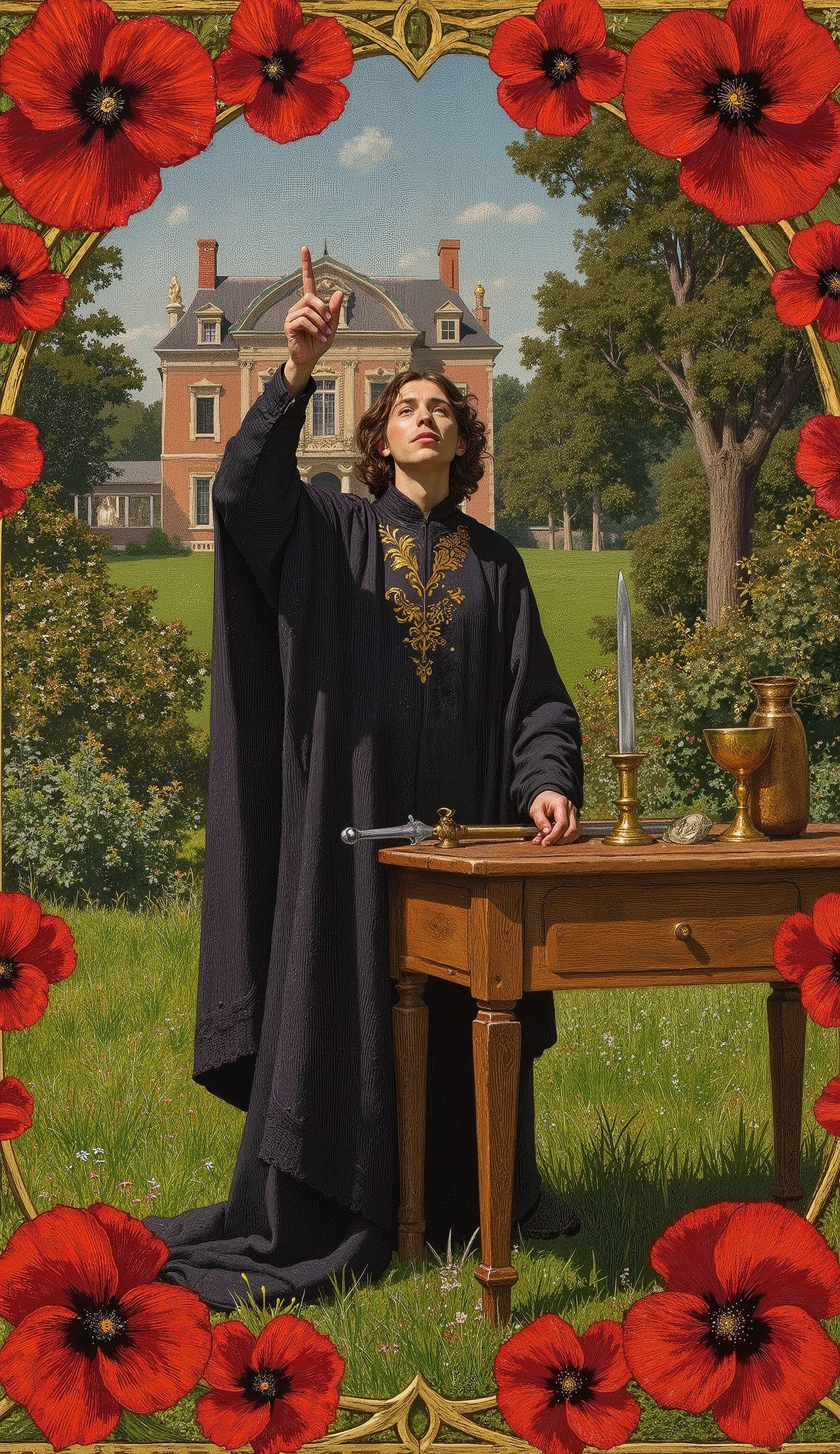 Pre Raphaelite European art style, red poppy flowers art nouveau frame.
1 man in ritual robe. One pointy finger point up to the sky, one pointy finger point down to the table. on the wooden table has a invocation ritual tools, such as wand, dagger, coin and chalice .Clear garden background. Beautiful mansion far back.