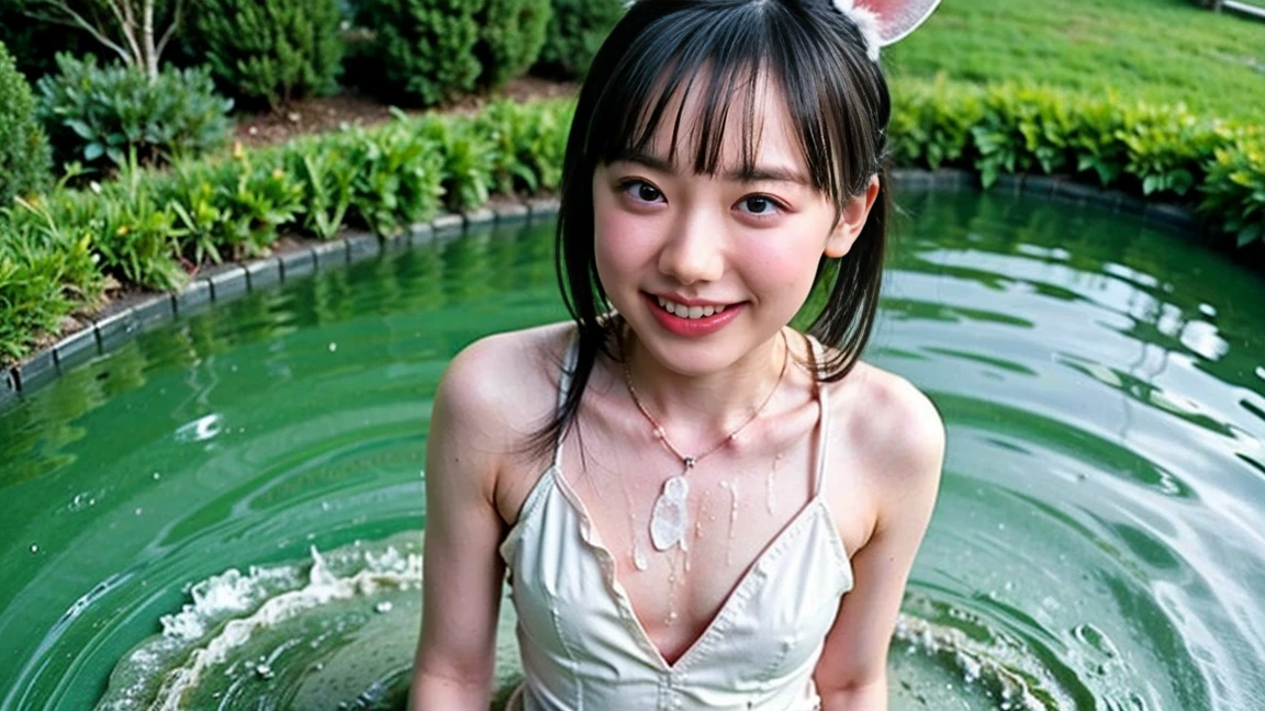 (best quality:1.2), masterpiece, Realistic, Ultra-high resolution, ((a beautiful Japanese idol woman:1.2)), (Gaunt:1.3), (((Very flat chest:1.4))), ((Baby Face)), (upper body), ((Raise your arms to show your armpits:1.4)), ((Armpits are wet and shiny with sweat)), (((sweaty armpits))), ((((Deeply wrinkled armpits)))), She has skin that sweats easily Soaking wet, Wearing split (Lace Headband:1.2), (realism:1.5), (topless:1.2), (I can see my pores:1.2), in Japanese hot springs, Outdoor hot spring, Stone hot spring, Moss and trees Surrounded by