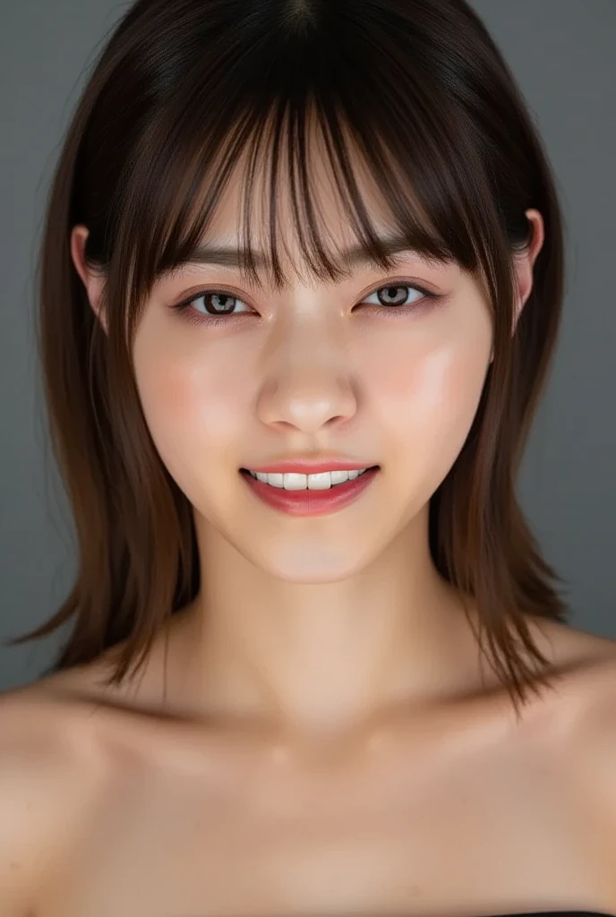 highest quality, masterpiece, Ultra-high resolution, realistic:1.3, solo, completed , arms behind back, ((upper body)), (wet skin:1.3), ((Clear Face)), Showcasing cleaoking at viewer, (medium busts), white background, long hair, smile
