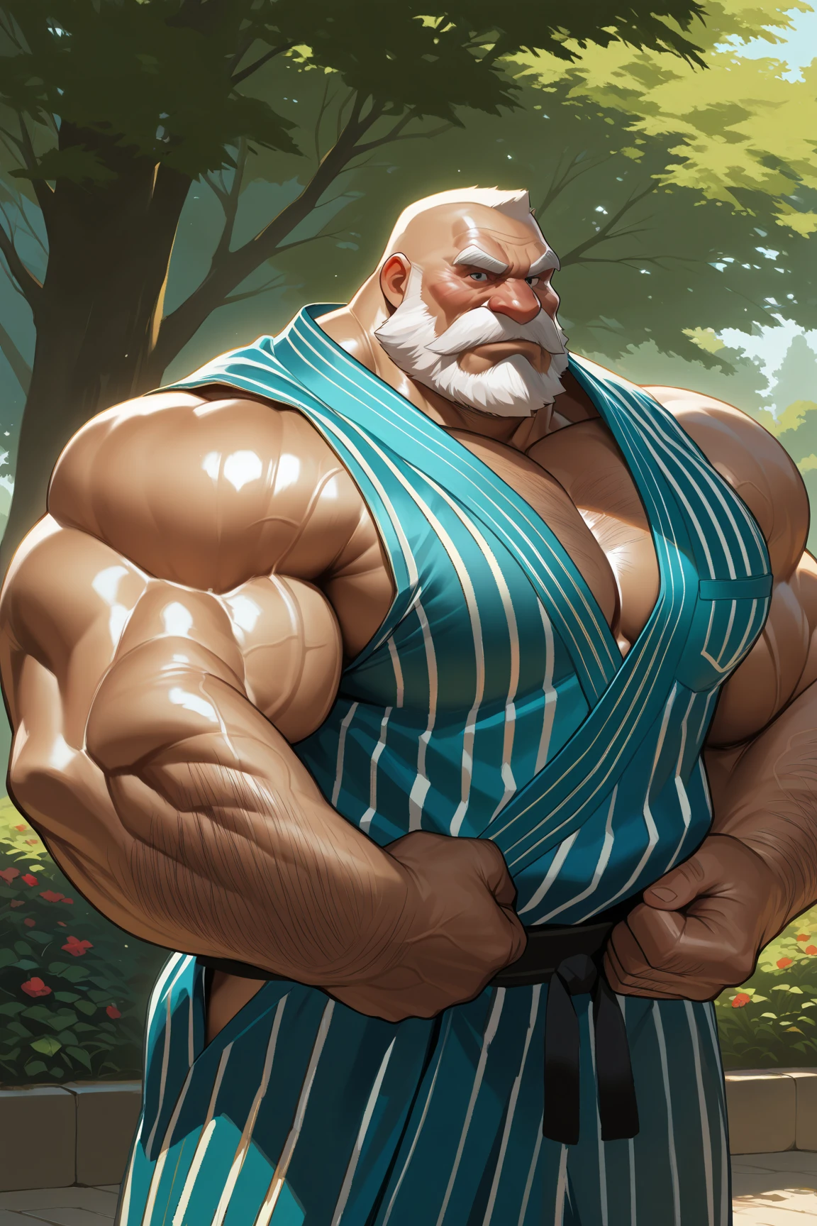 A burly, virile, and hairy dragon, exuding the irresistible charm of a himbo muscle daddy. His middle-aged features, adorned by a long, bushy beard and a thick mustache, reveal a life of experience and adventure. His body, sculpted  into a warrior's build and a bodybuilder's physique, is a testament to his unyielding dedication to physical fitness. The hair on his chest and belly forms a carpet of thick fur, while his hairy arms and legs are adorned with a natural, untamed layer of hirsute. Every muscle on his overmuscular and musclebound frame is defined and bulging, veins pulsing beneath the surface, hinting at his incredible strength. Despite his advanced age, his grey hair only adds to his handsome and dreamy appearance.