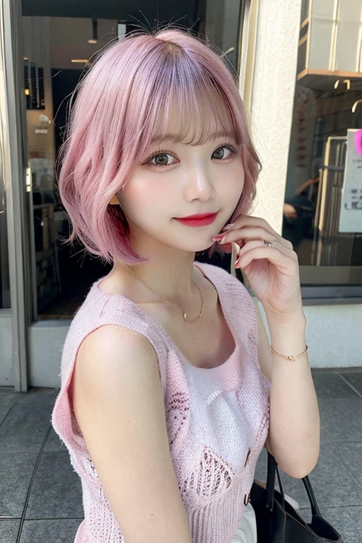  highest quality, shape, Very detailed, finely, High resolution, 8k wallpaper, 完璧なダイナミックな構shape, finelyて美しい目, Wearing a pale pink knit,Medium Hair,Natural color lip, smile,Harajuku、Girls in their 20s、cute、Looking into the camera、Pink Hair、The background is a cafe、Taiwanese woman、fine