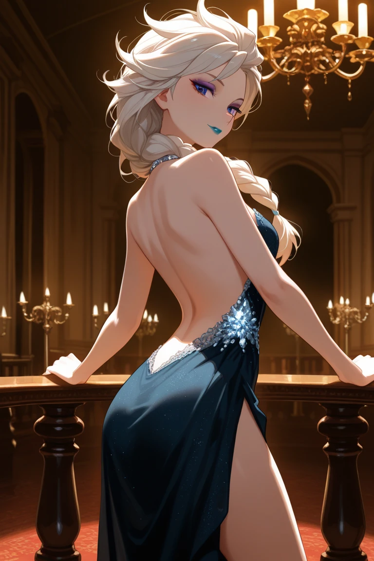 Elsa from Frozen posing sesy in bra and white panties with her hands behind her back, Castle room behind, small waist, piernas largas, sonrojada y concerned, por detras