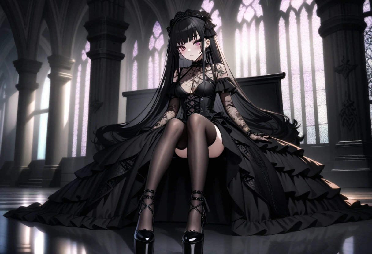gothic anime girl, curvy, sexy, with thick legs and thighs and a swollen belly, wide hips, beautiful face, long straight hair