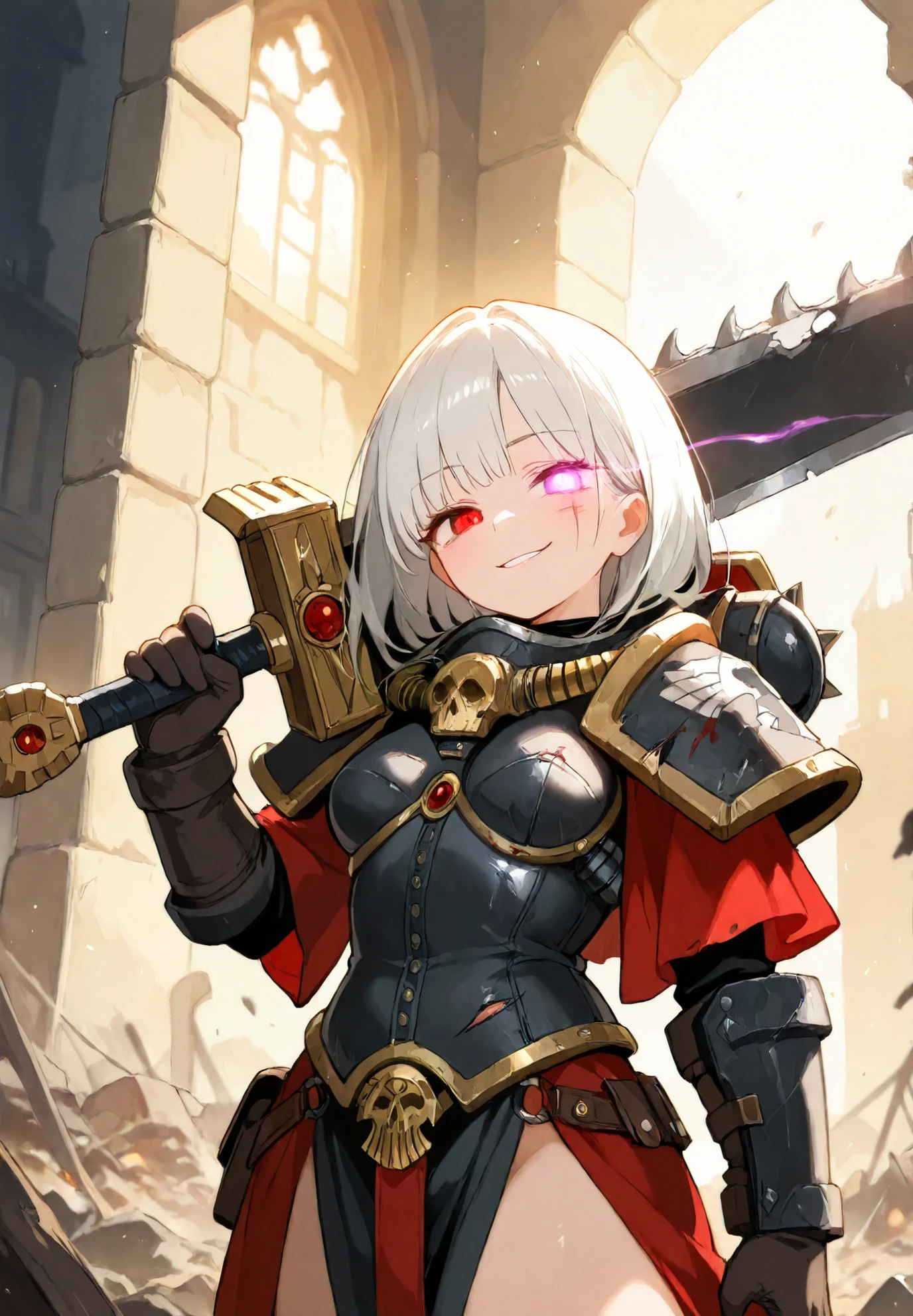 1girl,solo,sister of battle, warhammer 40000 universe,adepta sororitas,smirk, crazed eyes, (glowing eye trail:1.2), face scar,blood splatter,wearing a bulky ornate black armor, intricate details on armor,damaged armor,white hair,holding a greatsword over her shoulder,destroyed village,rubble, at night,BREAK,night time,cinematic lighting,masterpiece,top quality,warm color,high resolution,high fashion,absurdres extremely,vivid colors,intricate details,best quality,amazing quality,very aesthetic,newest,ultra-detailed,