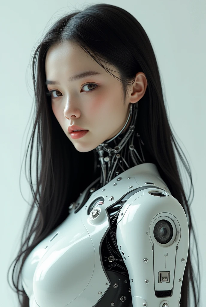 An Asian beauty,White skin,White mechanical body,ChatGPT 9 printed on the chest.0,Perfect face,Sarcastic expression,An expression of contempt,Looking at the camera