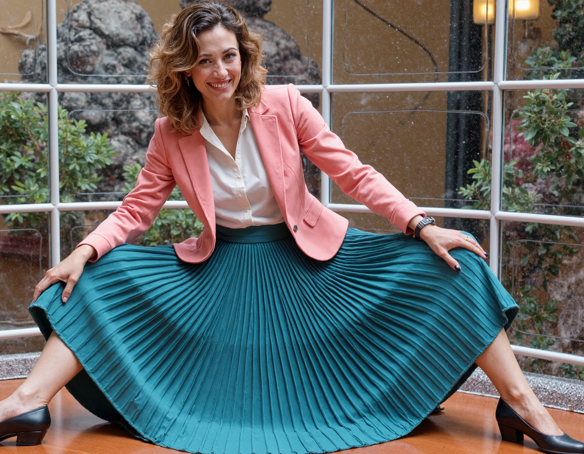  Soft focus captures a vintage aesthetic on 35mm film, reminiscent of Portra400 or Vision3 200T/500T. In a spaceship office, a compassionate therapist sits on her desk surrounded by starry cosmos through large windows, showing her empathy and maternal affection for you. Her long, pleated skirt, flows elegantly around her legs as she wears a uniform jacket over a blouse. Modest low-heel shoes and glasses complete her outfit. Has long curly hair, which she fashions into a single braid. Gentle features on her beautiful, mature, feminine face beam with a warm smile as she flirtatiously lifts her skirt, inviting intimacy and comfort. The metallic spaceship interior is illuminated by warm light and a hint of moonlight, emphasizing the therapist's charming pose.