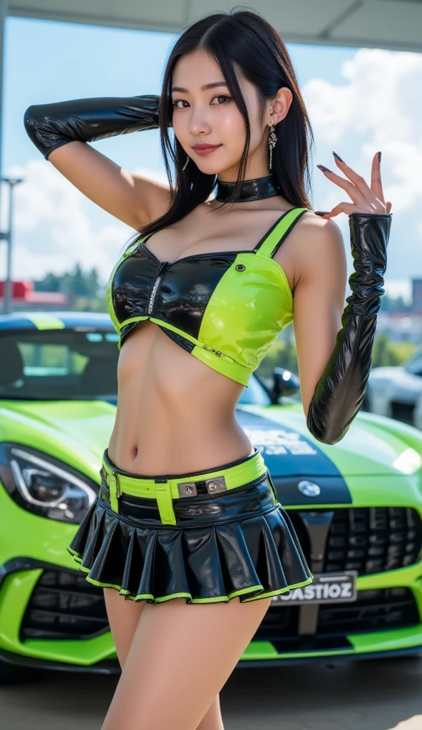 There is a woman wearing green and black clothes posing on a motorcycle,Ultra mini skirt、Spread legs,Show white panties,a miniskirt、poneyTail、beautiful thigh、Beautie、Beautiful panties、 Anime girl cosplay, perfect android girl, an oppai cyberpunk, Tifa, Wonderful, Makoto, 8k artgerm bokeh, Rin, juri misaki, senna from league of legends, akali from league of legends, Ayaka Cosplay, anya from spy x family, Anime Cosplay