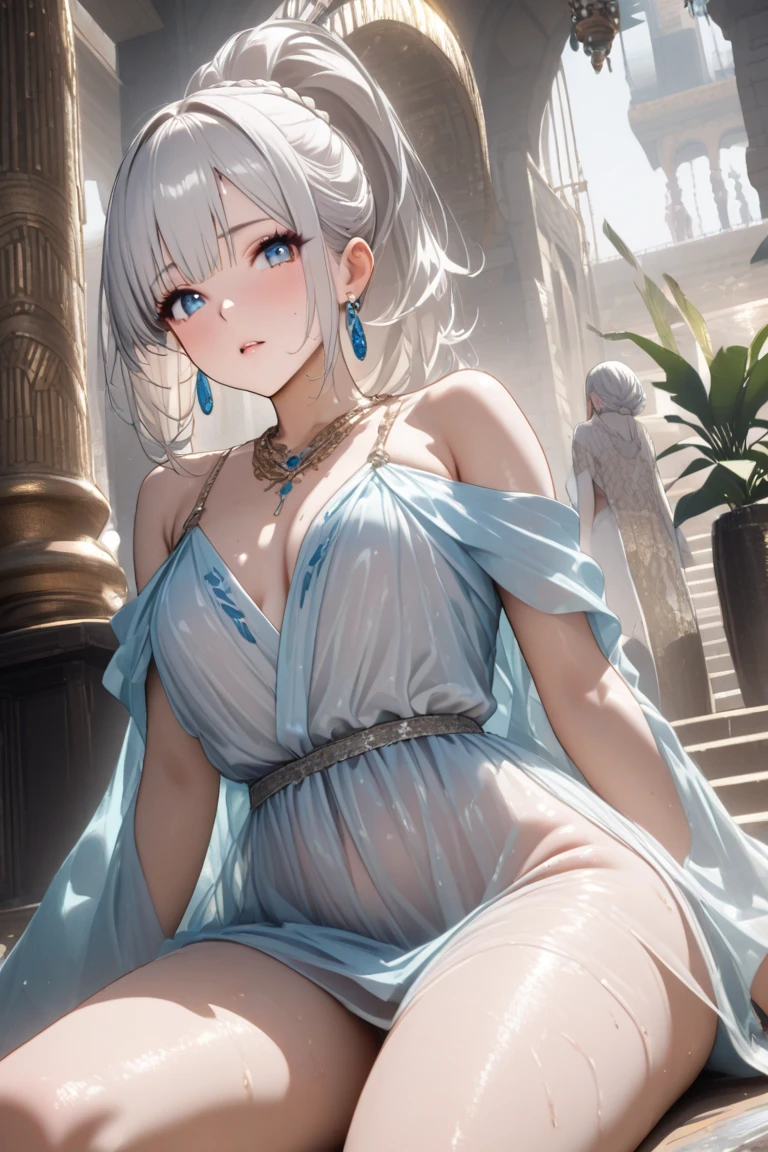 ((Greek)), ((Ancient Greek Art)), (((Ancient Greek Costume))), (Navel), skindentation, skinny, solo, 1 woman, Masterpiece, highest quality, highest quality, 16K, incredibly absurd, highly detailed, 2.5D, ai-generated, delicate and dynamic, very delicate facial expressions, delicate eye depiction, erotic, only sexy woman, ((A cute and kind face)), healthy figure, ((25-year-old woman)), 160cm tall, ((large firm swaying bust)), blush, Sweat,Embarrassed,sexy, ((thin thighs)),shiny and lustrous, facing straight at viewer, (((in heat))), ((Oily_skin)), Silver Hair, ((dark skin)), ((dutch angle)), ((erotic pose)), Inside an ancient Greek town,((Pose like an ancient Greek sculpture)),
