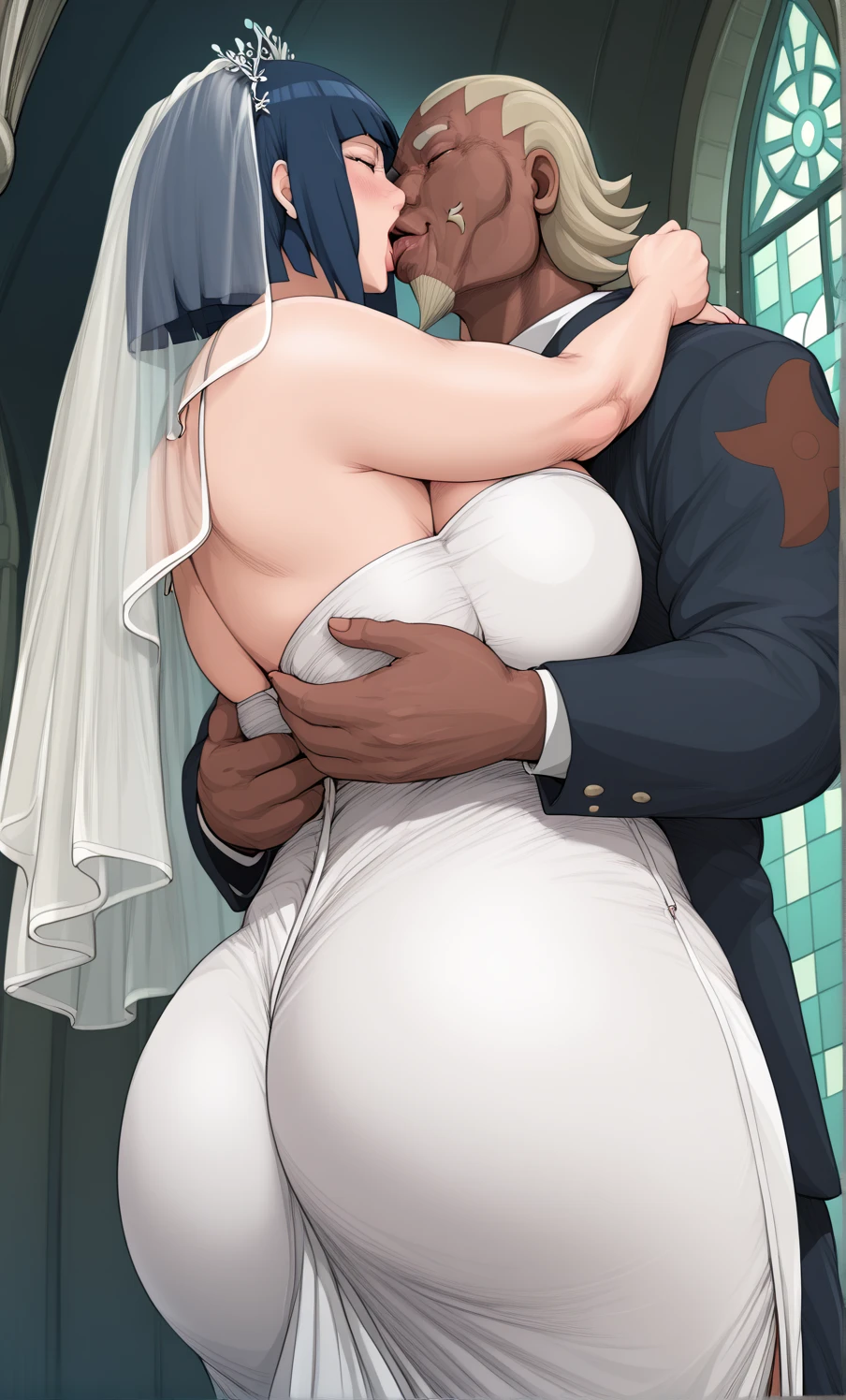8k,high quality,anime,Married women,Fair skin,Beautiful Woman,Small face,clean,bright,Eye highlights,Beautiful line drawing. Black Hair, White skin, Brown eyes, Wedding dress, Sleeveless clothing, Raise your hand, Armpits are visible,Raise your arms, both Armpits are visible, Explained from head to waist,((Bare breast、((Nipples are v1.6))、Mole around the mouth、Shaggy Hair,((A married woman being groped by an old man),((A bride surrounded by many men:1.9)),A very displeased face、((tears:1.5)),A woman having her breasts touched