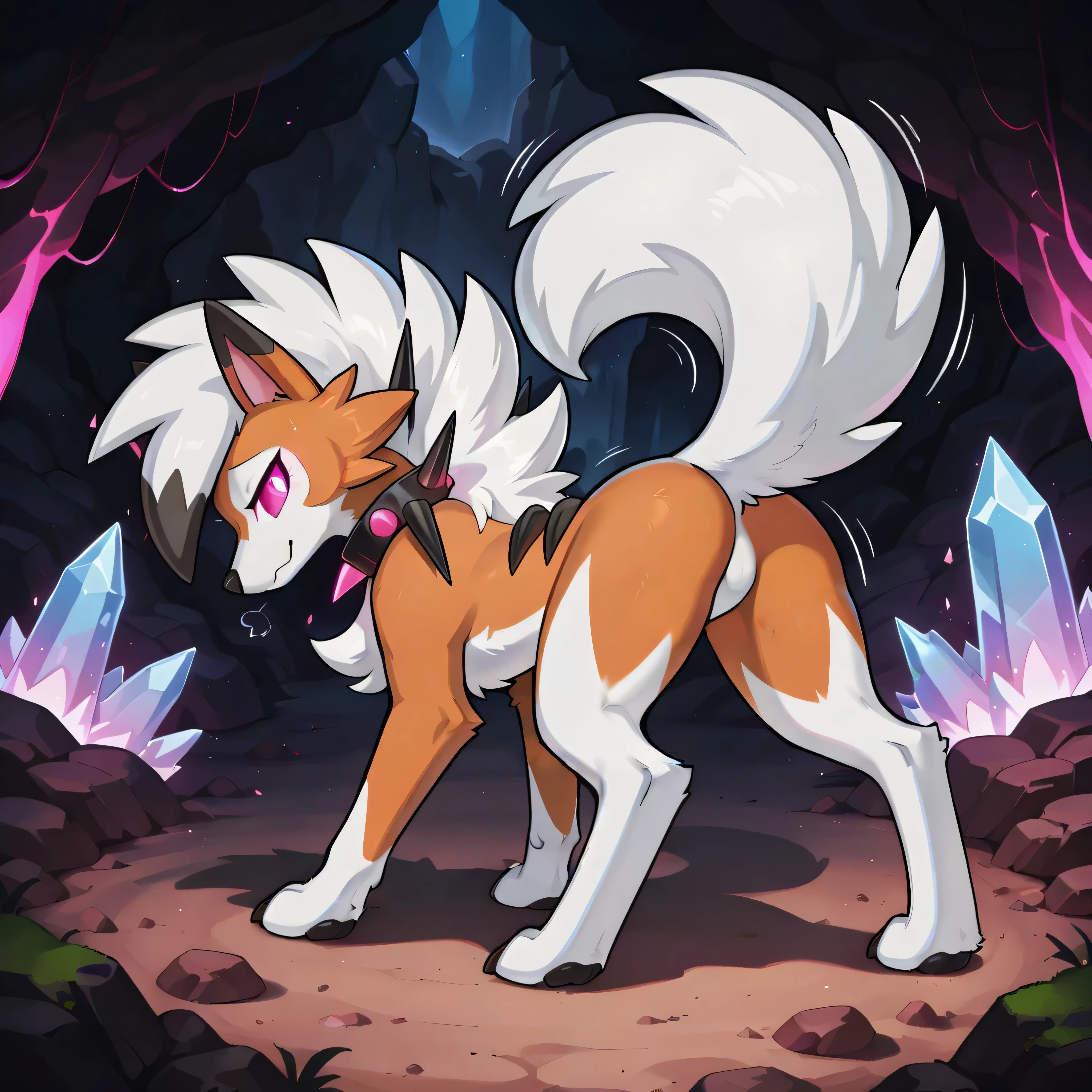 [NSFW] [hynotised] [Midday_lycanroc] [Pokemon] - (by hakudoge), by ayceedee, by eternity zinogre, masterpiece, professional_art, very_detailed, texture_sampling, unreal_engine, shading, shadow, simple_background, detailed_background, caves, glowing crystalize caves, glow cave, no sky, moss, creek, rocks, mossy ground, solo, solo_focus, grey_fur, grey_body, female_focus, feral_focus, lycanroc, midday_lycanroc, pokemon_(species), pokemon, lycanroc, female, feral, quadruped, digitigrade, anatomically_correct, anatomically_correct_feral, (feral, quadruped, digitigrade, anatomically_correct), thin, lanky, thin_thighs, chest_tuft, leg_tuft, large_size, big_paws, paws, black_pawpads, 4_toes, toe_claws, unfeatured_crotch, playfully_tease tail_wagging, crotch_peek, back, behind_view, slight_side view, bending_down back_raised tail_raised motion_lines, wearing spike_collar metal_rock outfit, legging strap spikes, 