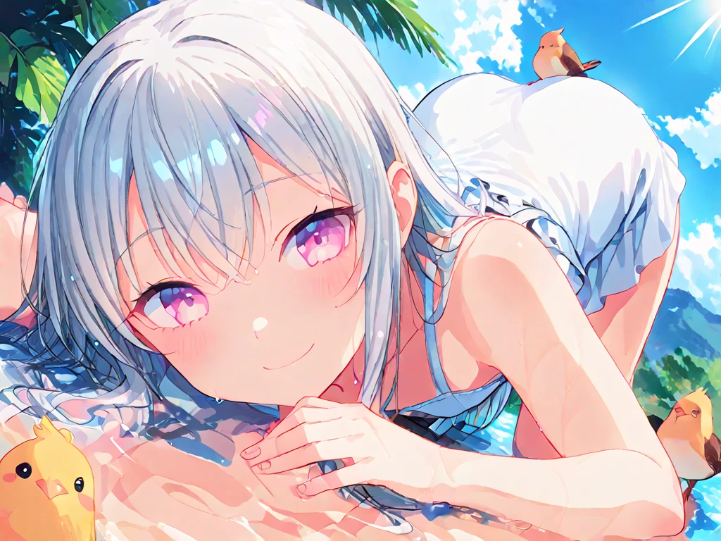 small hoobs,(pubic hair:1.3),smile,Silver Hair,Short Hair,beach,lying down,