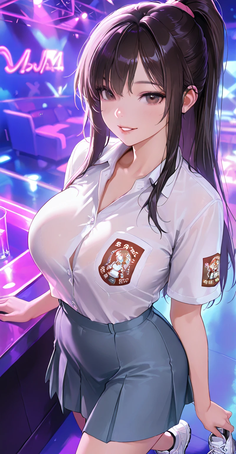 mastute piece,Best Quality,insanely detailed,8k cg,nsfw,
(shoot upper body:1.3),
(1girls:1.3),standing,looking at viewr,body in front,both arms behind back,(bowling-uniform:1.3),(bare breasts:1.4),(bare nipples:1.4),
break,
blush,shy,(ecstasy face),(trembling:1.2),break,(light brown hair:1.2),
break,
perfect breasts,perfect teats,(open mouth:0.9),(large breasts:1.2),
(bowling-alley)、