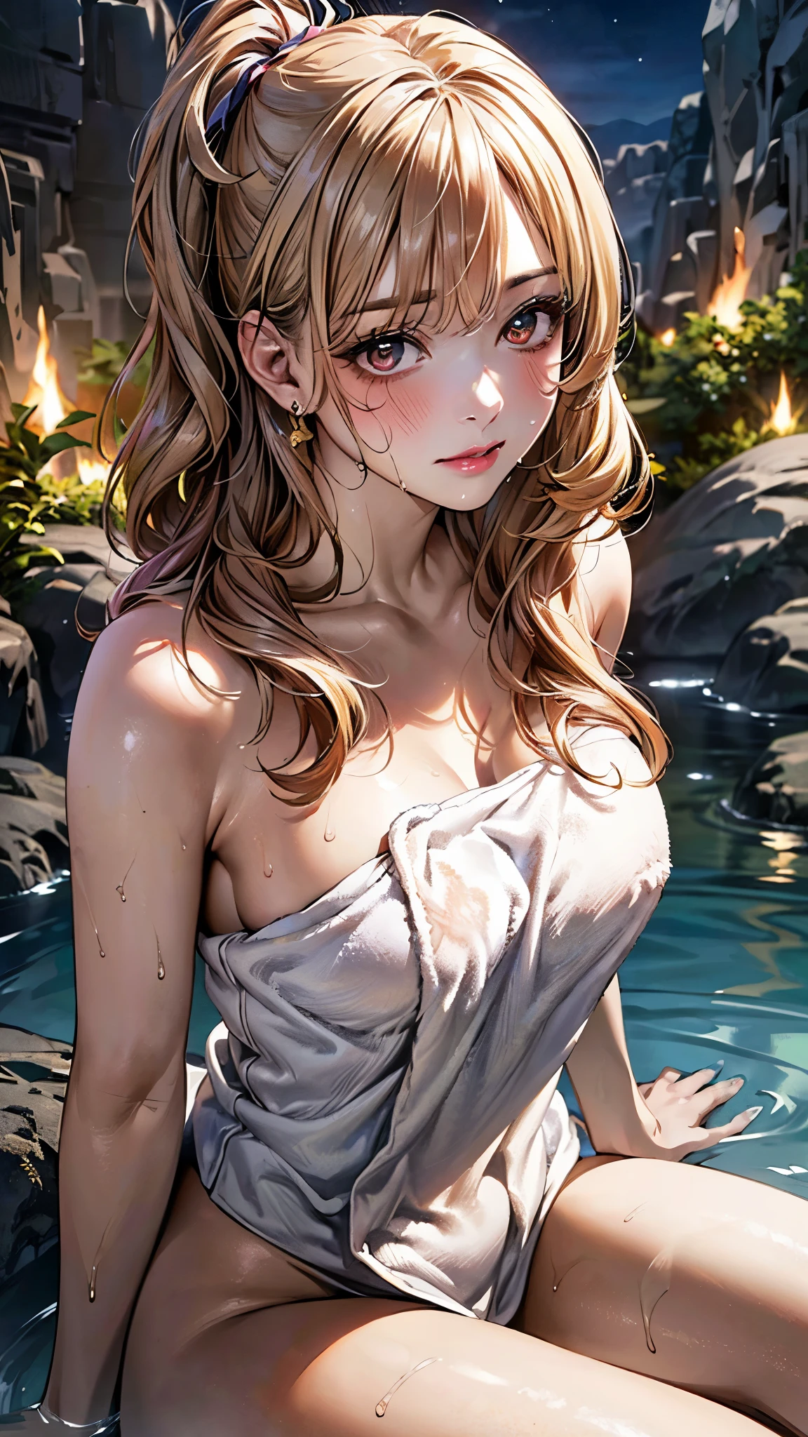 (((8k wallpaper of extremely detailed CG unit, ​masterpiece, 超A high resolution:1.2, top-quality:1.2, masutepiece, textures and maximum detail))), ((extremely beautiful lady, seductively smiling, A dark-haired, Sexy white kimono with red obi)), ((extremely detailed beautiful face, Highly detailed black eyes, Very beautiful body, Top quality real texture skins)), (wetted skin, Exposed cleavage, Exposed shoulders and legs), The best lighting, 细致背景, paper lanterns:1.2, Eau, playing in the water, florals, natta:1.2, bamboo forrest, Water surface reflection:1.2, hyper realisitic, digitial painting,