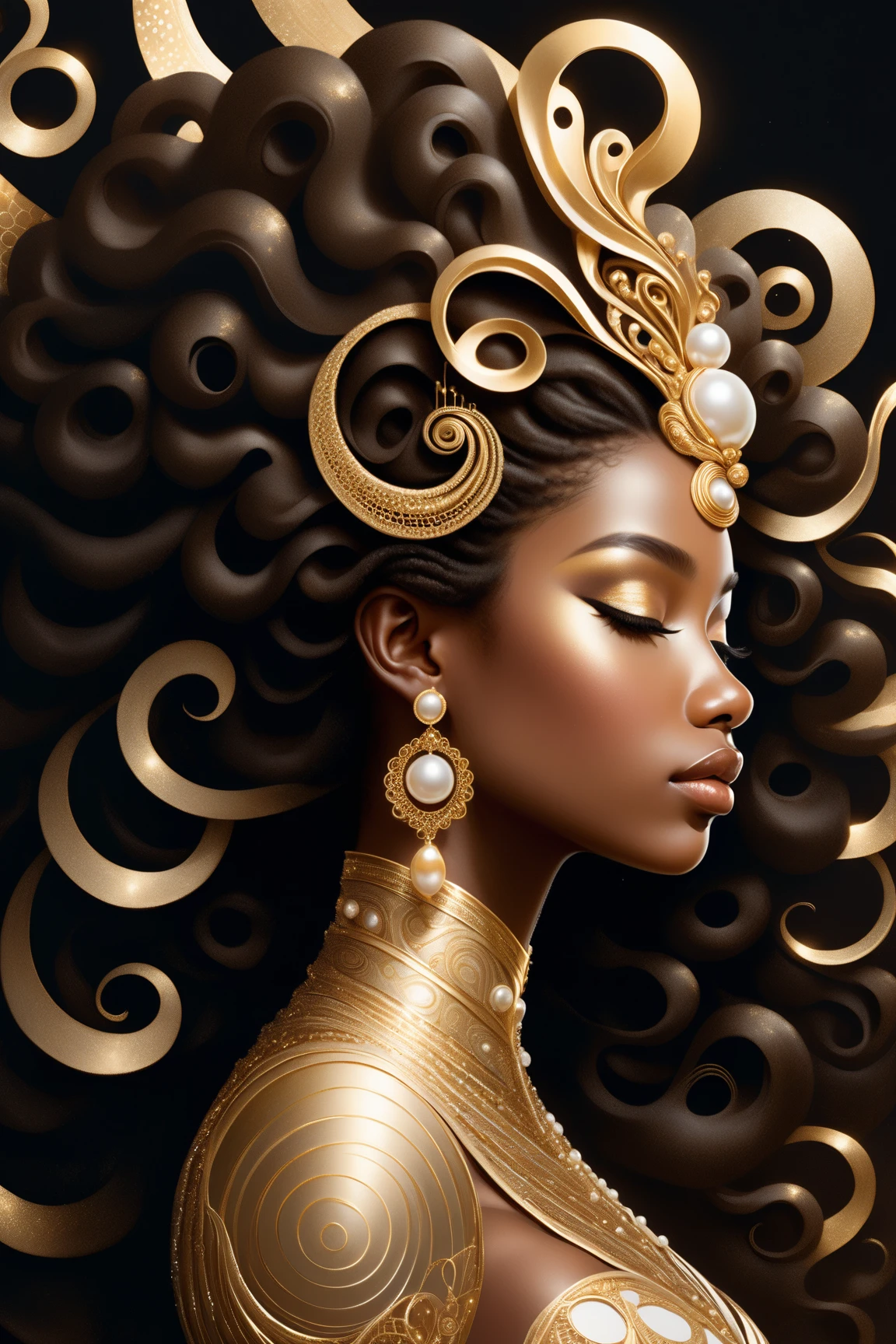 a woman with long hair and a gold necklace on her head, cabelos ornamentados, uma deusa steampunk bonita, penteado longo elaborado, elaborate ornate head piece, uma bela imperatriz fantasia, cabelos elaborados, cabelo detalhado ornamentado, wlop intrincado, Retrato da deusa 3D, cocar de ouro intrincado, karol bak uhd, cabelo barroco, ((uma bela imperatriz fantasia)), Cachos barrocos