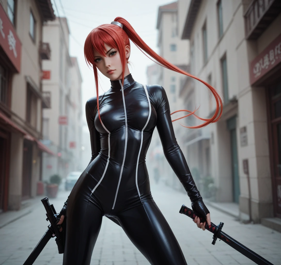 2 women, standing, with seductive expression, loving smile, view from front, detailed eyes, pose sexy, long dark crimson hair, his super detailed glowing eyes, Full lips painted red, chiseled physique and wide hips. He wears a closed black leather jumpsuit., whose shiny surface accentuates its shape. Walking on a sunny beach, This image oozes realism., capturing the essence of a fragile figure. digital art, photorealistic and high definition technique