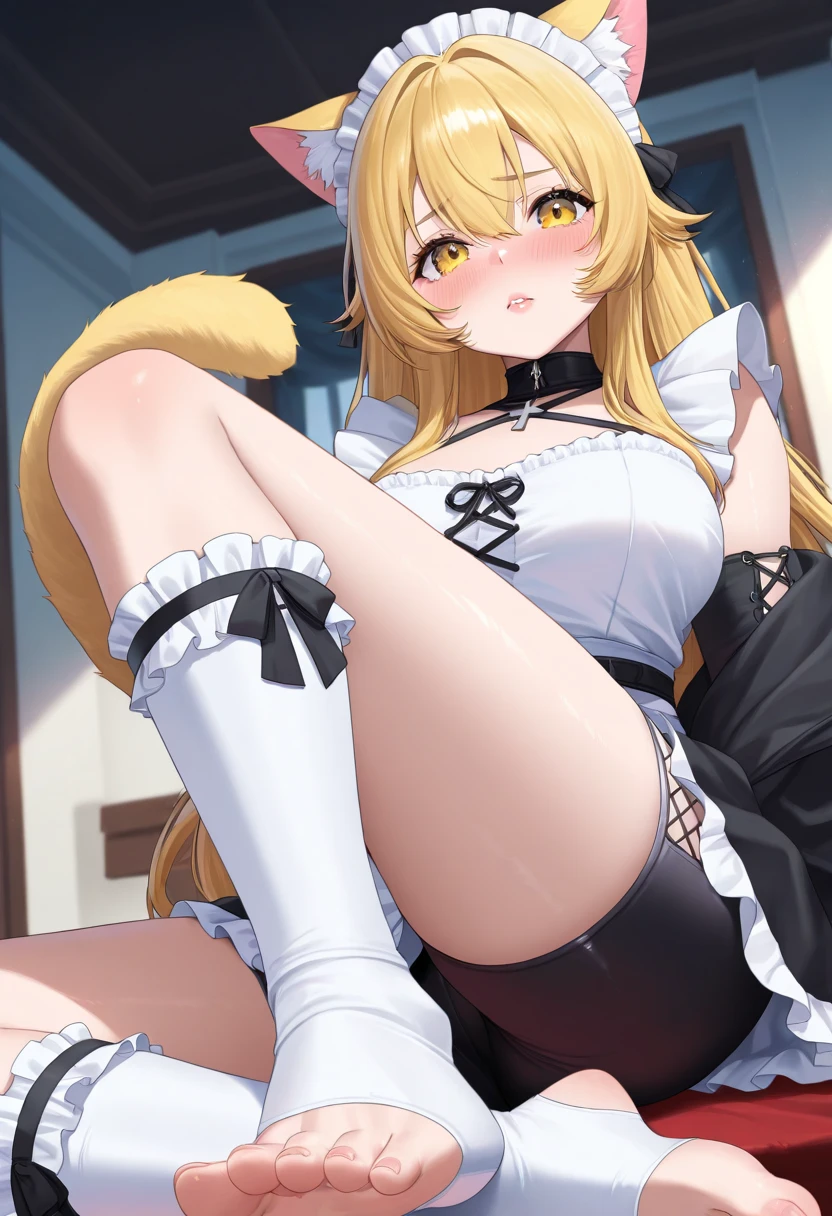 1girl, solo, multiple colored hairs, maid, black cat tail, smile, black thighhigh, leaning forward, charm posing, background, upskirt, (view from below), presenting, young girl, tight pussy, tight anus, , little, petitte, elegant young girl, blonde hair, ponytail, anus focus, (ass close-up), girl is about to sit down on the viewer,