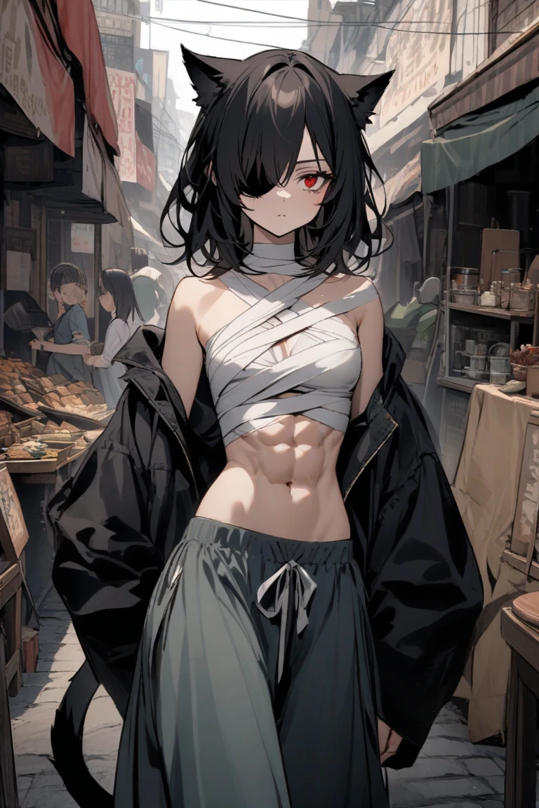 ((Masterpiece)), wide shot, ((exposed stomach)), 1girl, (teenage Girl, beautiful red eyes)、details of Very messy medium hair、((dirty and very torn white-shirt)),((angry face)),Slender and small breasts, sweaty,small breasts、Cat ears, Pale black hair, ((standing with legs spread wide in night, asian Slum townscape)),night