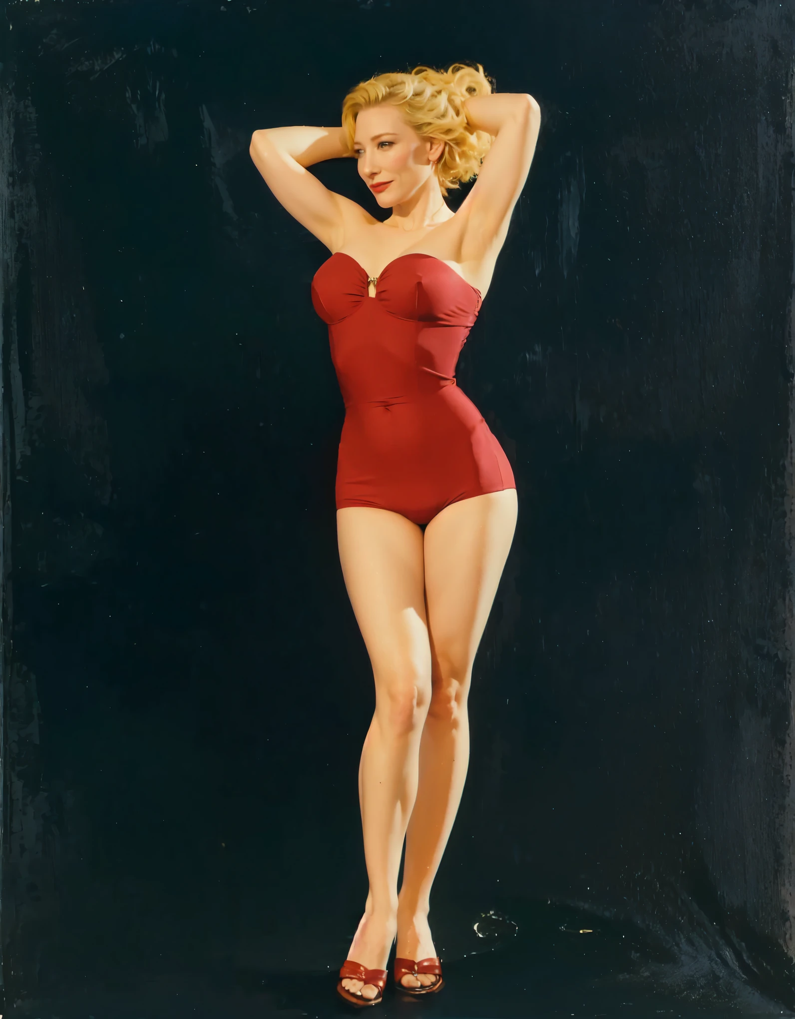 Scarlet Johansson, usando un traje rojo pegado al cuerpo, el escenario un lugar elegante, que resalte su belleza y mostrando un rostro seductor y seguro 