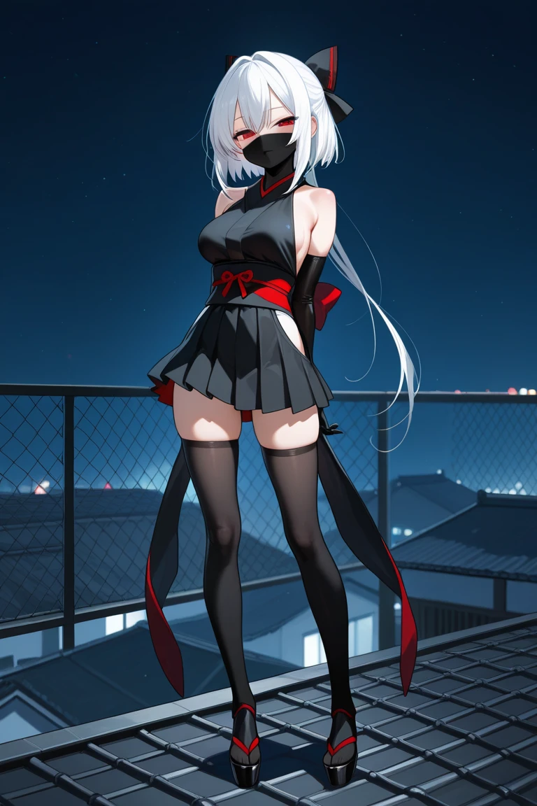 scrltbs, red eyes, long hair, grey hair, bangs, Halation, headgear, red hair ribbon, single shoulder armor, black bodysuit, cleavage, bodystocking, covered navel, black legwear, gloves、Looking back、Turning around、、My butt is facing me、Sad expression、Have red cheeks、squinting slightly、An ennui look、Embarrassed、Sensual、Alluring