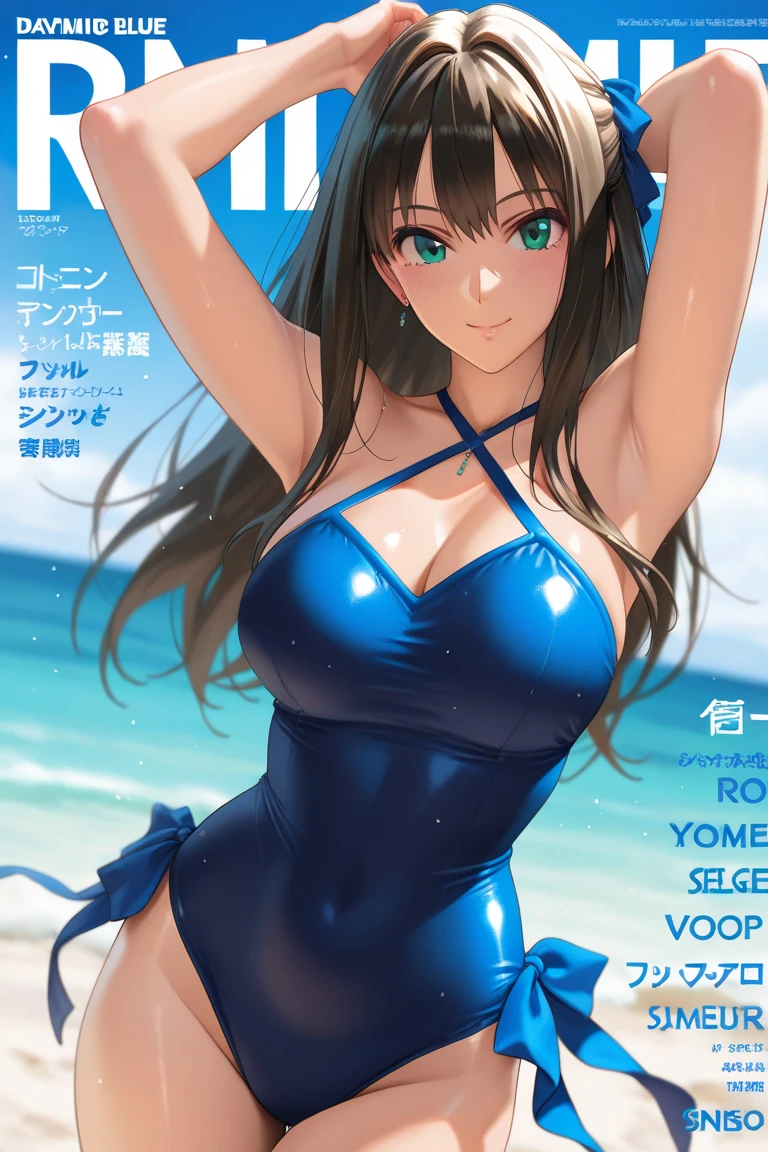 masterpiece, best quality, solo, random pose, sexy pose, seductive pose, ((white background)), hand on own chest, black highleg micro bikini, dutch angle, thong, wavy hair, magazine cover, medium hair,
