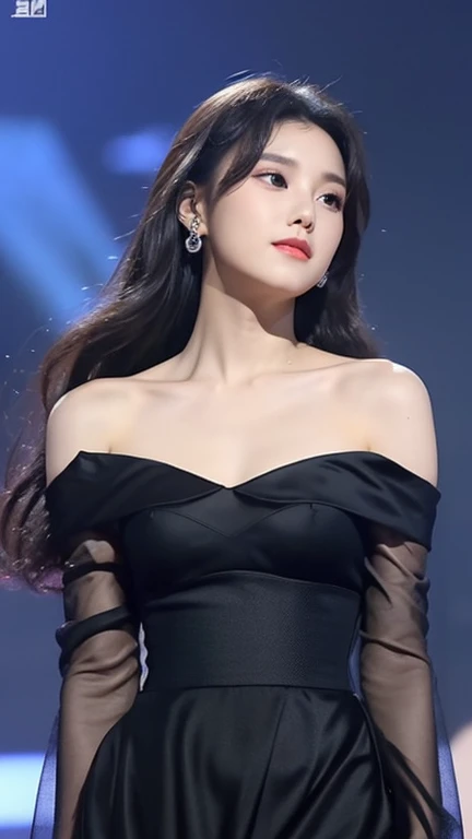 close-up of beautiful South Korean, Kwon Eunbi is a South Korean singer and actress, age 28 years old girl, youthful face, perfect body, white body skin, very long hair, black hair, straight hair, 34 inches breasts size, wearing a plain standard black strapless tube top, wearing a tight plain standard black leggings, Eunbi holding breasts with her own two hands is very sexy and sigh, Eunbi squeezes the breasts very seductively, Eunbi lowered her strapless tube top a little bit, Eunbi does dance moves very sighing and seductive, the dance that Eunbi does is very sexy and seductive, ((Eunbi performed a very sexy and seductive dance in front of the audience)), ((Eunbi gets horny when doing a seductive dance)), sexy looking pose, pose a naughty look, pose looks seductive, at the concert stage area place, concert stage area place background, UHD