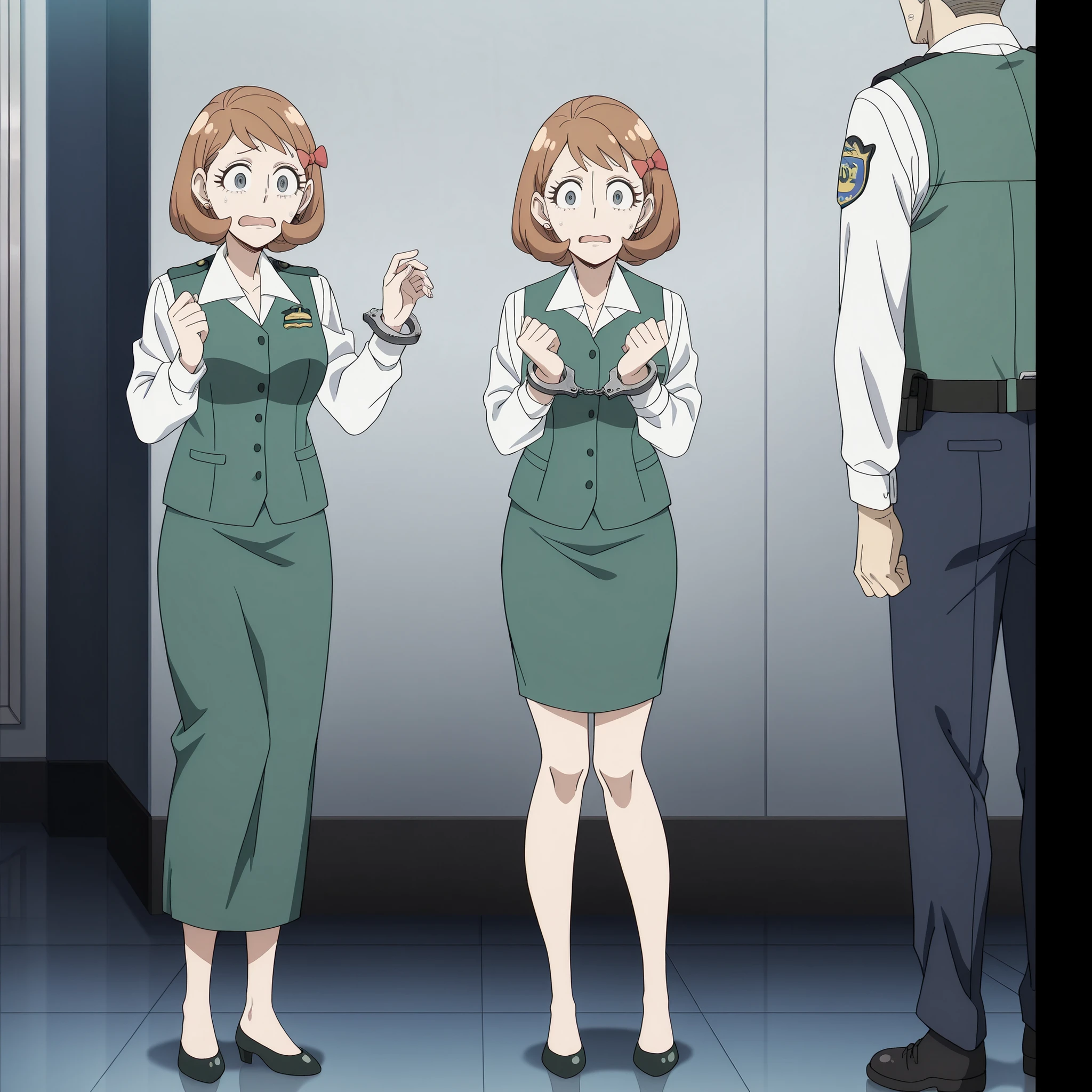 millie myers, millie (spy x family), short hair, bangs, blue eyes, brown hair, hair bow, grey eyes, eyelashes, mature female, medium breasts, anime screencap,
collared shirt, white shirt, green vest, green skirt, long sleeves, male police officers, captured, full body, scared expression, Handcuffed, hail, (Best Quality)