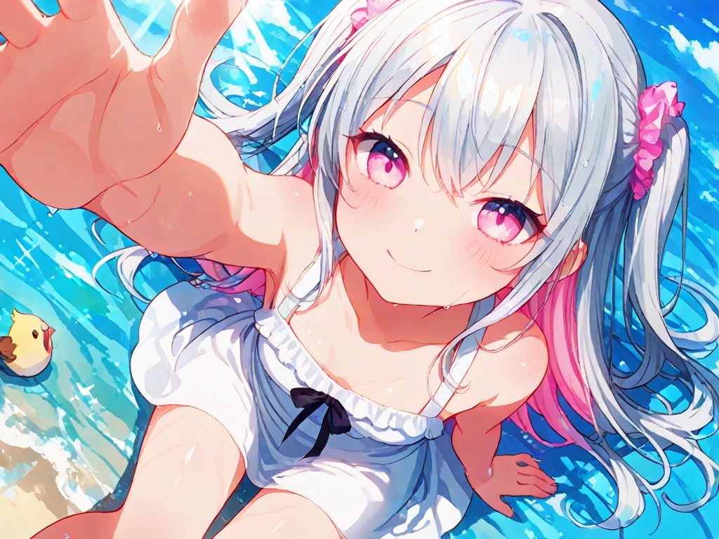 Juvenile , cute, silver long hair, dull hair, ponytail, blue eyes, looking at the light in both hands, a hint of laughter, fox ears, nine fox tails, white silk, high resolution, Q version blushing, heart-shaped pupils, heart-shaped, lolite, dripping face, sticking out tongue, swimsuit
