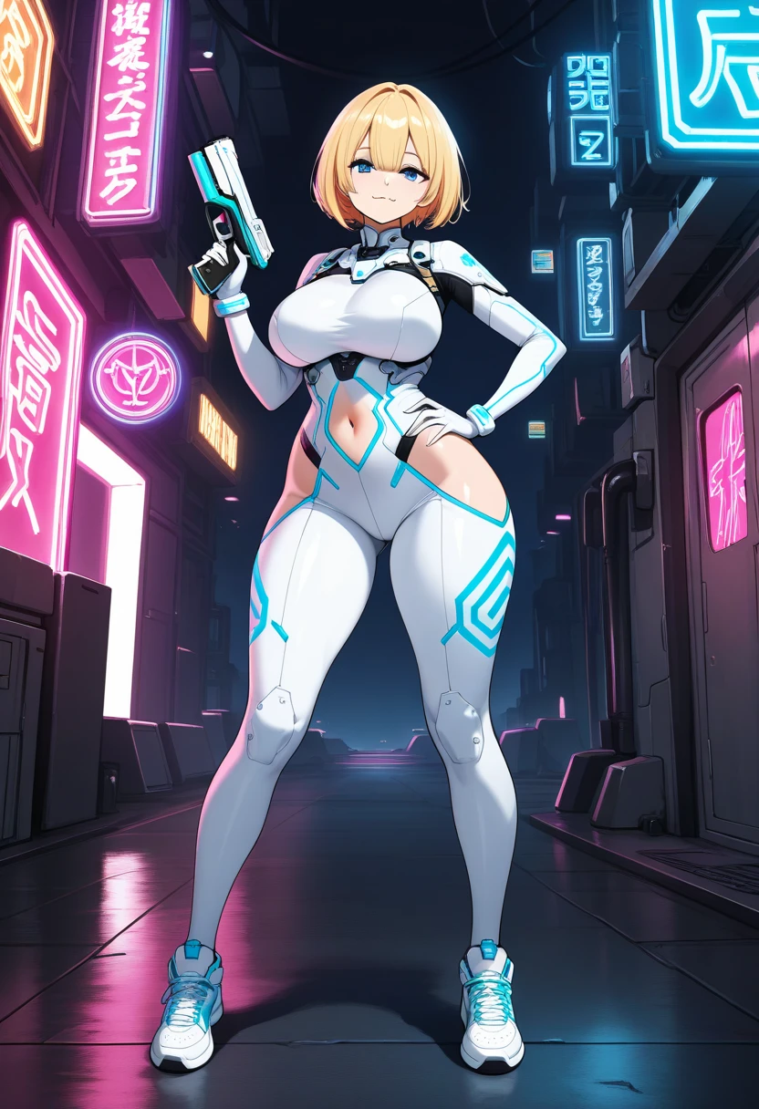 1girl, tall body, light blonde hair, aquamarine eyes, boots, breasts, bracelets, full body, hair ornament, (shoulder-length hair, ponytail), full body with costume, leotard, white leotard with blue accents, bare legs, white stockings, white boots, medium breasts, perfect hands, complete fingers, perfect anatomy, perfect proportions , solo, standing, superhero, (lighting logo on chest), beautiful detailed eyes, beautiful detailed face, age 18, full body zenkai! asuka suit, full body portrait, body infused with electricity, diffraction spikes, heroic, standing straight, hands on hip, cowboy shot, city backdrop