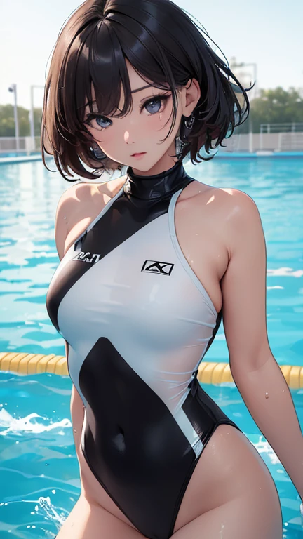 ((((masterpiece, best quality, high resolution)))), Extremely detailed 8K, Beautiful girl with voluptuous body, (Ultra HD, Ultra-detailed, Highly detailed, Highly realistic, Ultra-realistic, photograph realistic), (1girl:1.5), (Realistic white hair), (short silky hair, hair ornaments, earrings), (dynamic poses), facing at camera, looking at viewer, (blushing red, embarrassed, exhausted, smile), (bright red eyes, sharp eyes), (small perky breasts:1.2), (wide hips:1.2), (beautiful detailed face, beautiful detailed eyes), ((black swimsuit)), (swimming on sea:1.3), sweat, glow, (sunbeam, sunlight), ((cowboy shot)), beach, seductive, glistening sweat