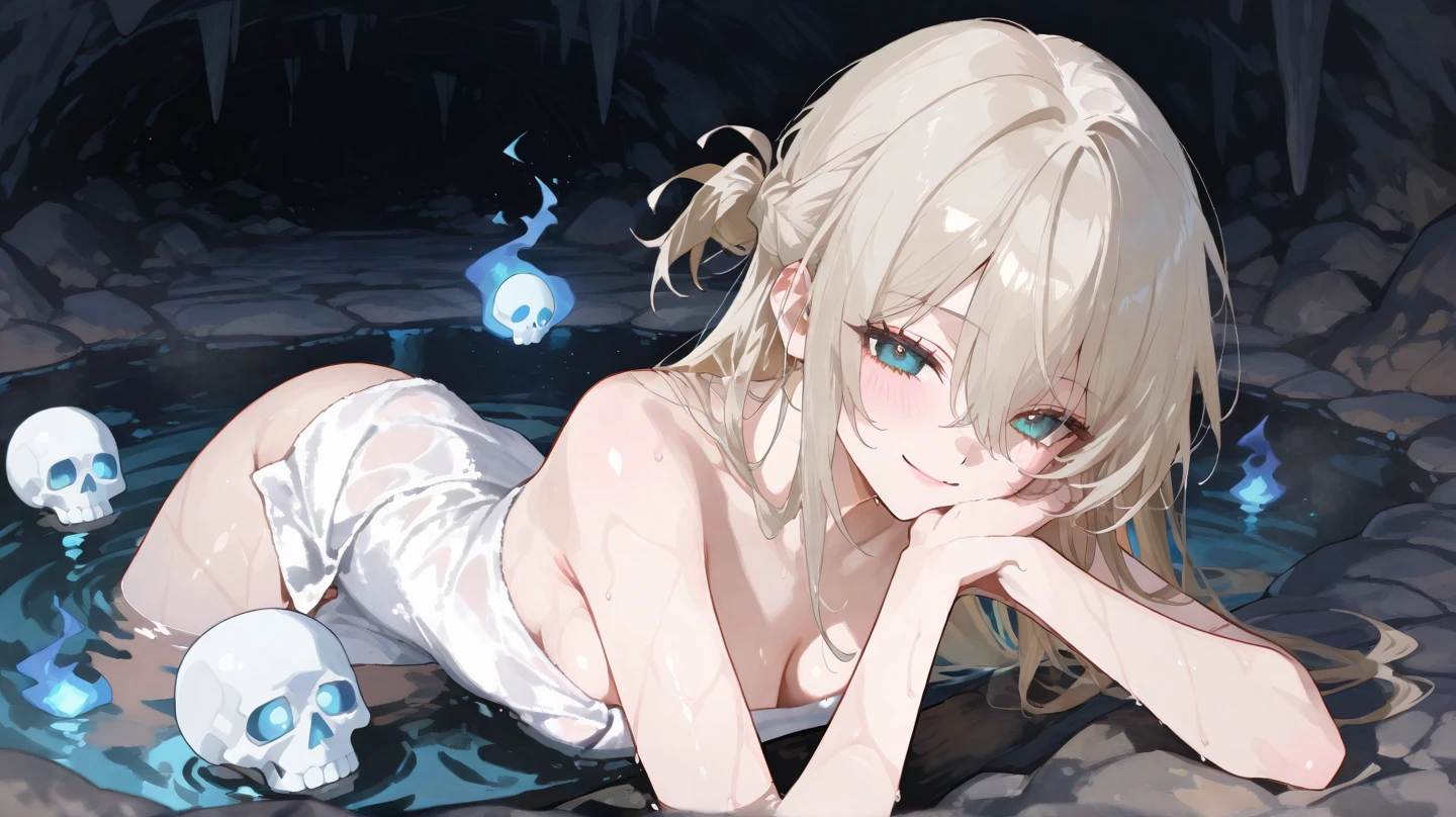 All fours, silver hair, blue eyes, from behind, navel, white bikini, micro bikini, protruding areola, blush, angry, erect areola, (brown skin: 1.2), slender, body wet and shiny