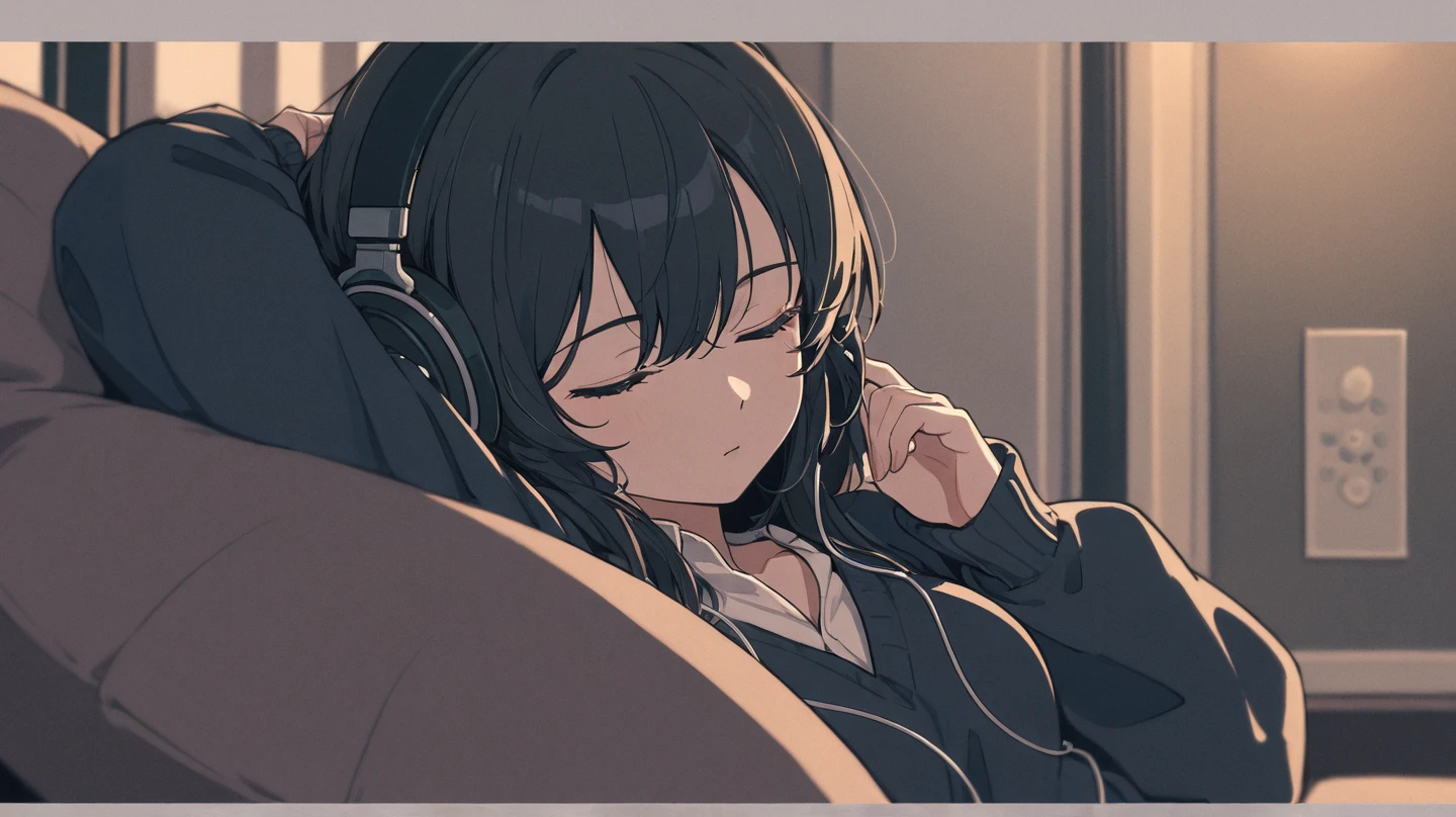 Girl wearing headphones, , Sitting by the window,Wear a short skirt,Good figure,It's raining outside the window at night,