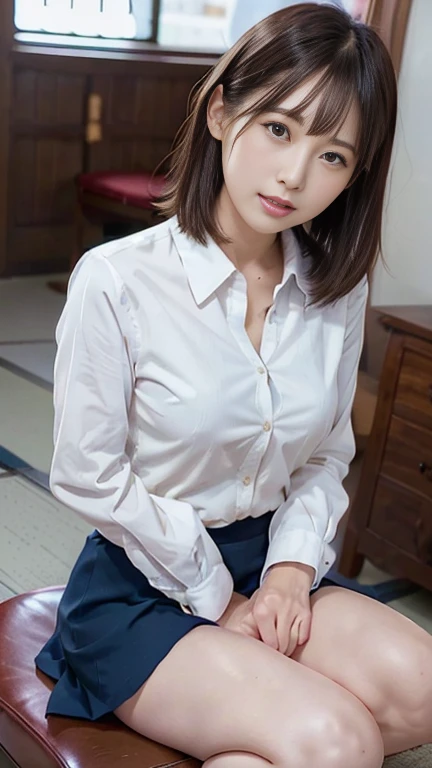 (masterpiece:1.2, highest quality), (realistic, photorealistic:1.4), beautiful illustrations, (natural side lighting, movie lighting), Depth of written boundary, looking at the viewer, Front view, 1 girl, japanese, high school girl, , perfect face, Cute symmetrical face, shiny skin, open legs, (bob hair:1.7,blonde), asymmetrical bangs, Big eyes, droopy eyes, long eyelashes chest), thin, beautiful hair, beautiful face, fine and beautiful eyes, beautiful clavicle, beautiful body, beautiful breasts, beautiful thighs, beautiful feet, beautiful fingers, ((fine fabric texture, brown knit vest, short sleeve white collar shirt, navy pleated skirt, Navy bow tie)), (beautiful scenery), evening, (Inside the flower shop), Are standing, (smile, Upper grade, open your mouth), (((skirt lift, no panties, genitals visible))), full body shot, dark blue socks, sexy face, inverted nipples,