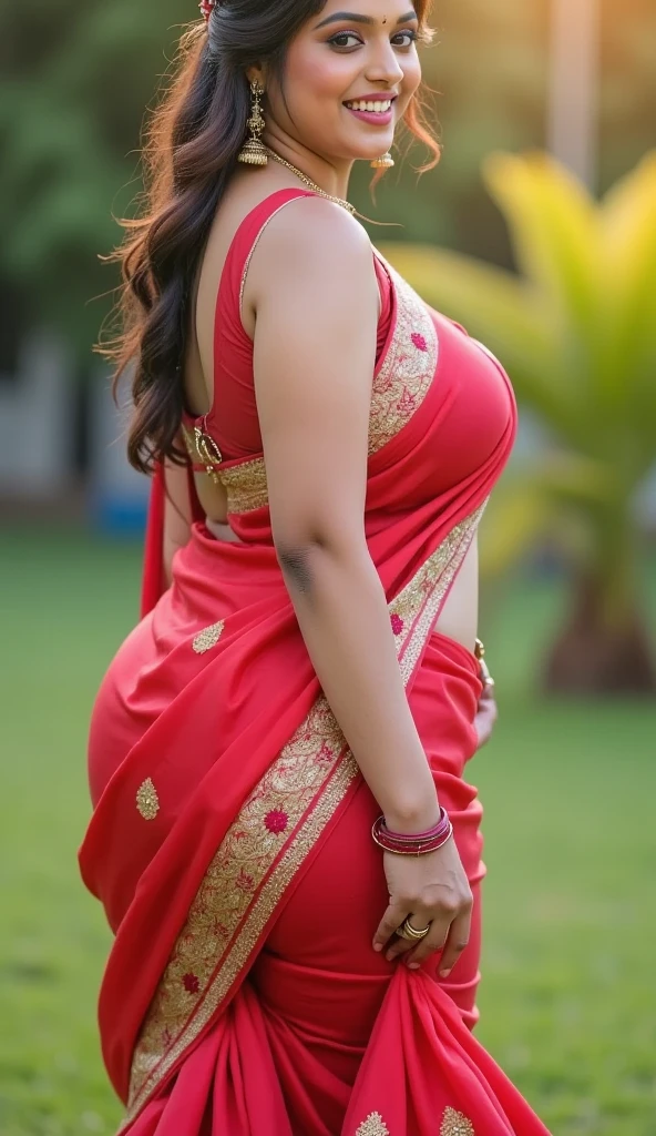 Jaya Prada 24 years old beautiful different face cute sexy Indian girl, curvy body, beautiful different colorful t-shirt in covered luxury Banarasi design Bengali style saree, c-cup tight big breast, different side bun hairstyle, bright eyes, thin eyebrows, fair skin, blushing cheeks, head to thigh view, smiling face, Kamasutra expression, Straight front standing beautiful different Indian most popular place background, ultra realistic, head to thigh view, black hair, Provocative eye Contact, glossy lips