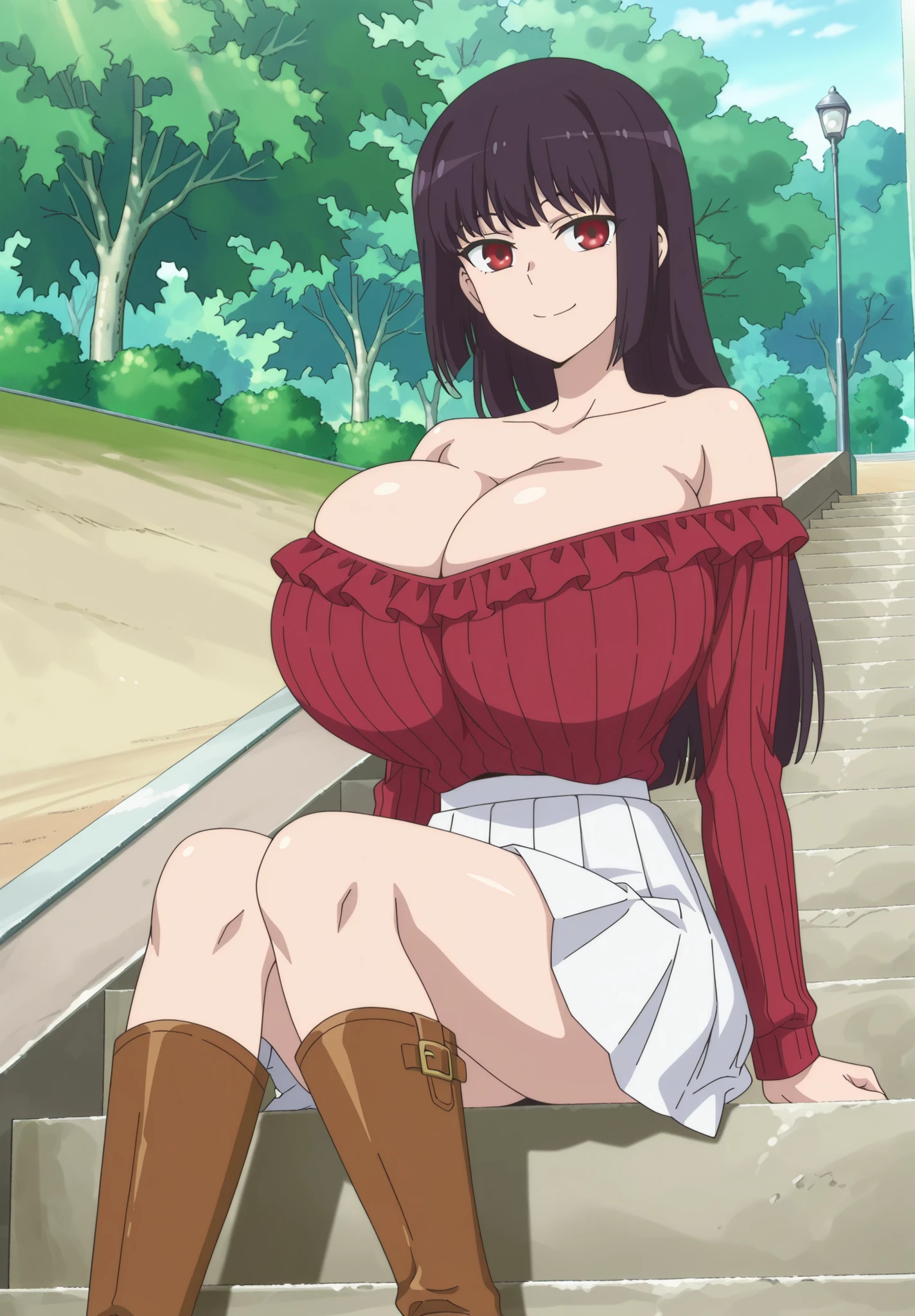 masterpiece, ultra high-quality, extremely detail 8k cg, high resolution, 1girl, kurenai yuhi, black hair, red eyes, thin body, huge breasts, bursting breasts, strapless shorttubedress, choker, beautiful face, outdoors, garden, full shot photo, full body